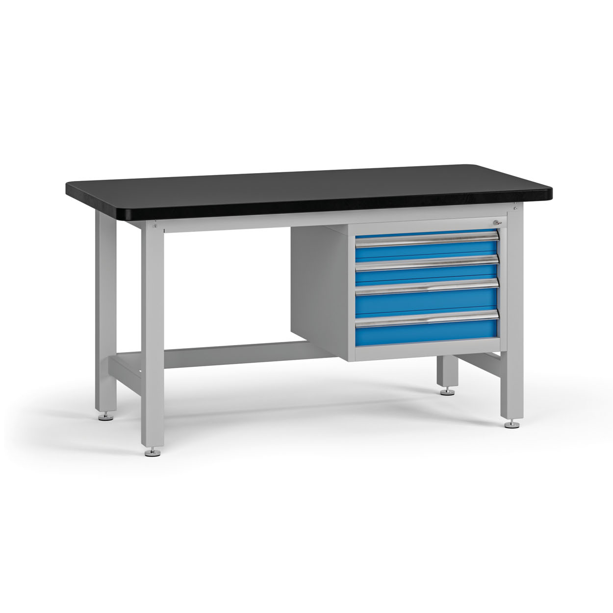 Fotografia produktu: Pracovný stôl do dielne G4 so závesným boxom na náradie, MDF + PVC doska, 4 zásuvky, 1500 x 750 x 800 mm, modrá