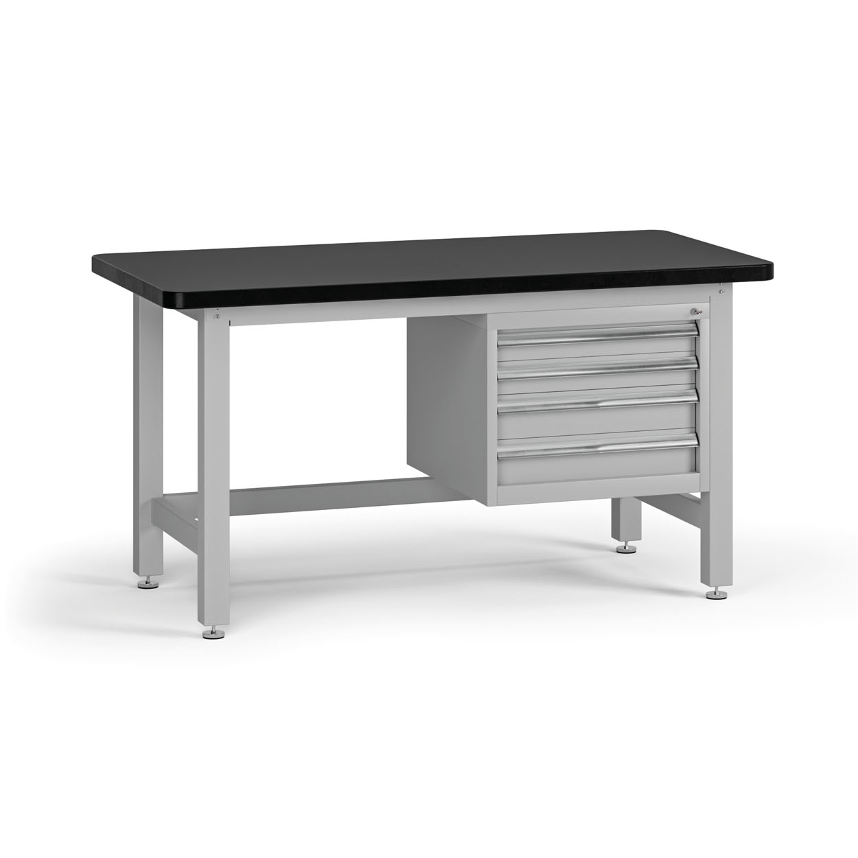 Fotografia produktu: Pracovný stôl do dielne G4 so závesným boxom na náradie, MDF + PVC doska, 4 zásuvky, 1500 x 750 x 800 mm, sivá