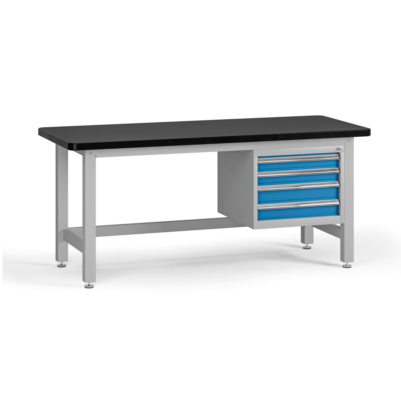 Fotografia produktu: Pracovný stôl do dielne G4 so závesným boxom na náradie, MDF + PVC doska, 4 zásuvky, 1800 x 750 x 800 mm, modrá