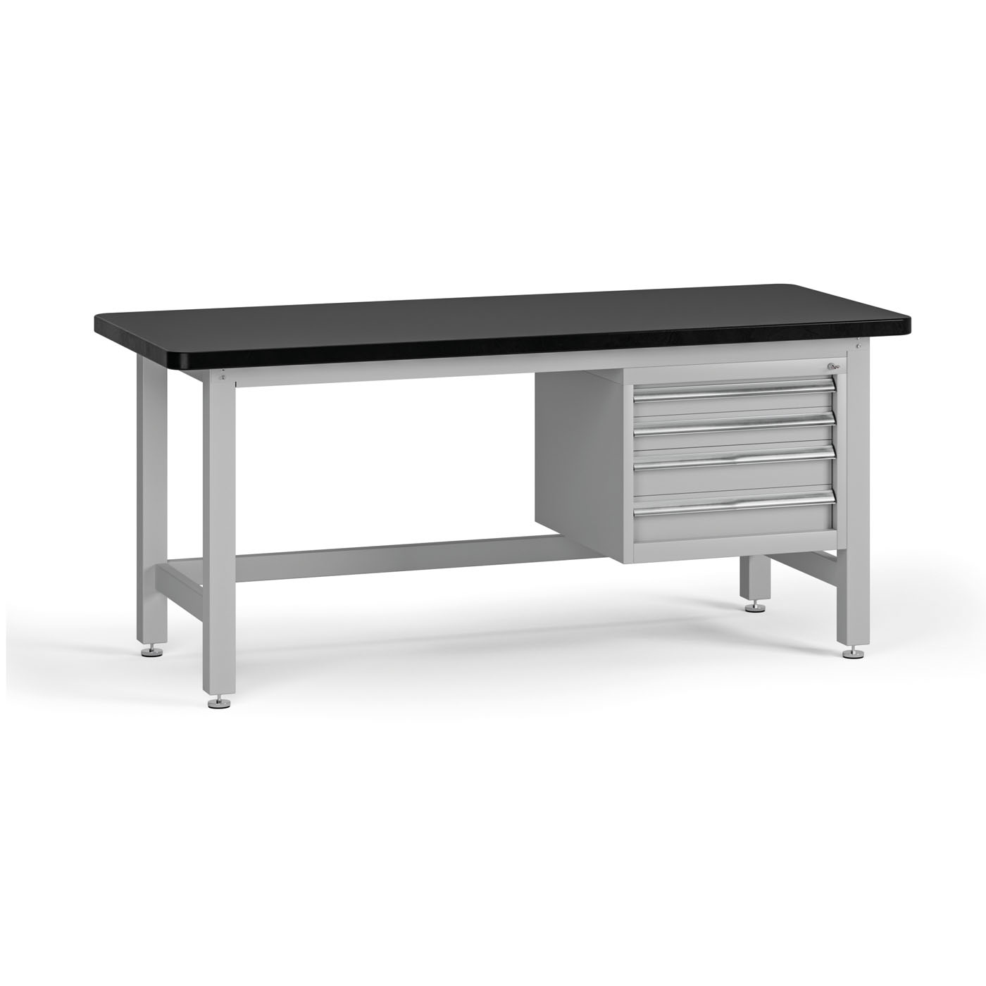 Fotografia produktu: Pracovný stôl do dielne G4 so závesným boxom na náradie, MDF + PVC doska, 4 zásuvky, 1800 x 750 x 800 mm, sivá