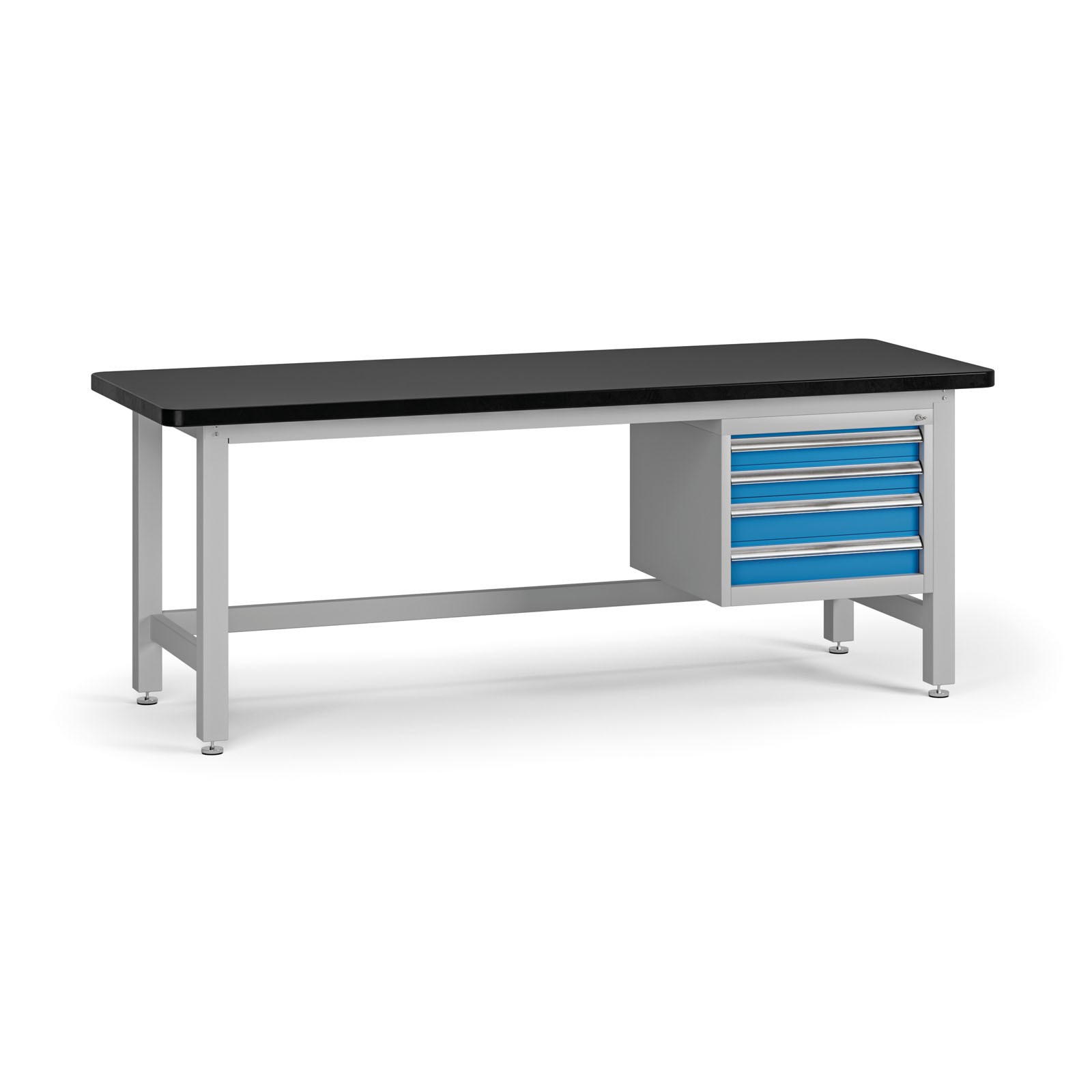 Fotografia produktu: Pracovný stôl do dielne G4 so závesným boxom na náradie, MDF + PVC doska, 4 zásuvky, 2100 x 750 x 800 mm, modrá