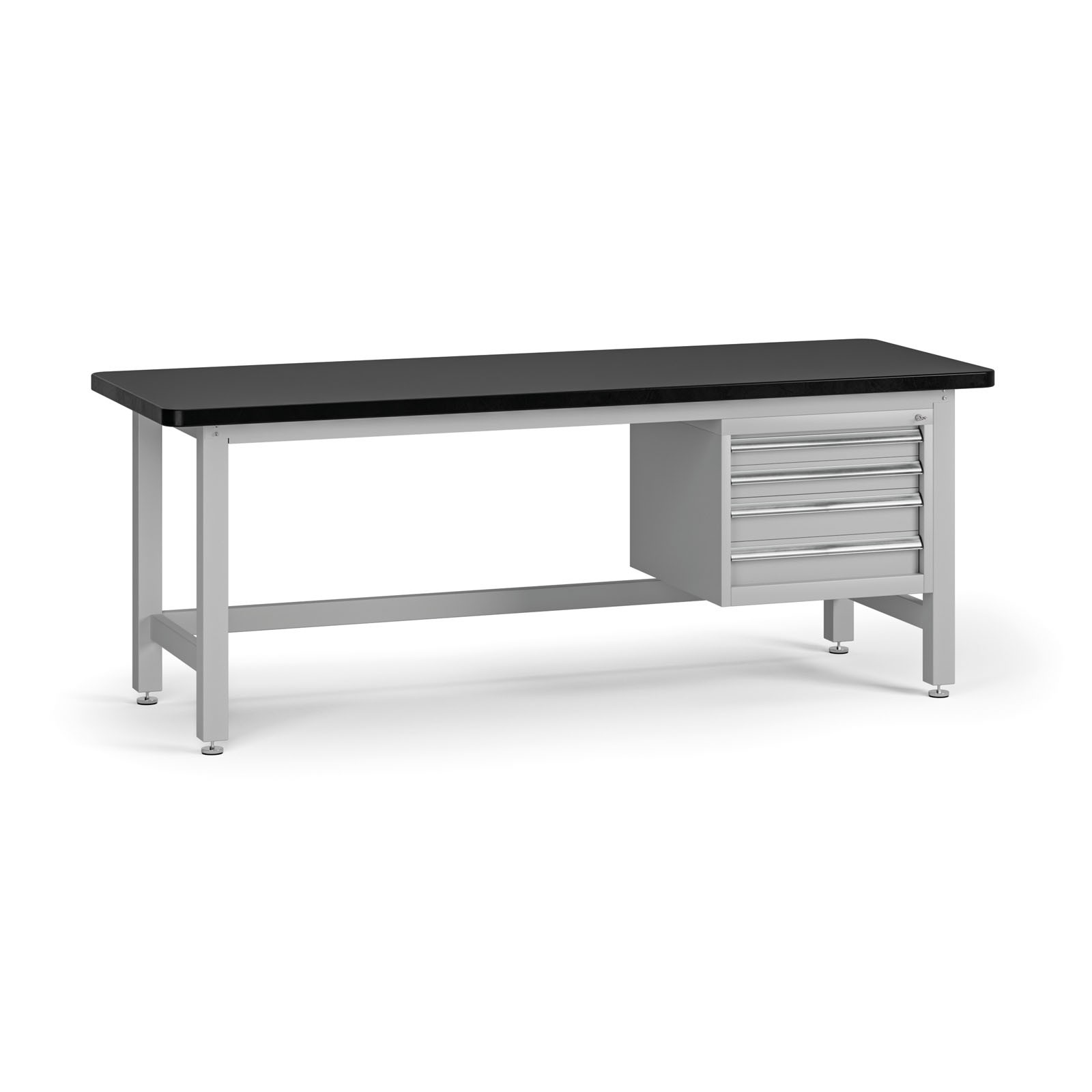 Fotografia produktu: Pracovný stôl do dielne G4 so závesným boxom na náradie, MDF + PVC doska, 4 zásuvky, 2100 x 750 x 800 mm, sivá