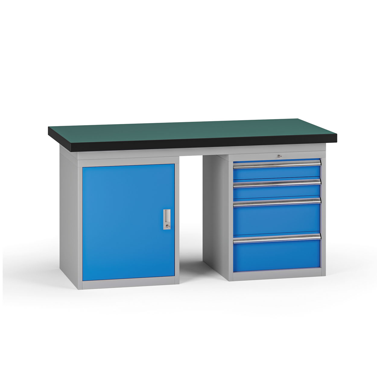 Fotografia produktu: Pracovný stôl do dielne G8, 1500 x 750 x 800 mm, 1x skrinka, 1x kontejner, 4 zásuvky, modrá
