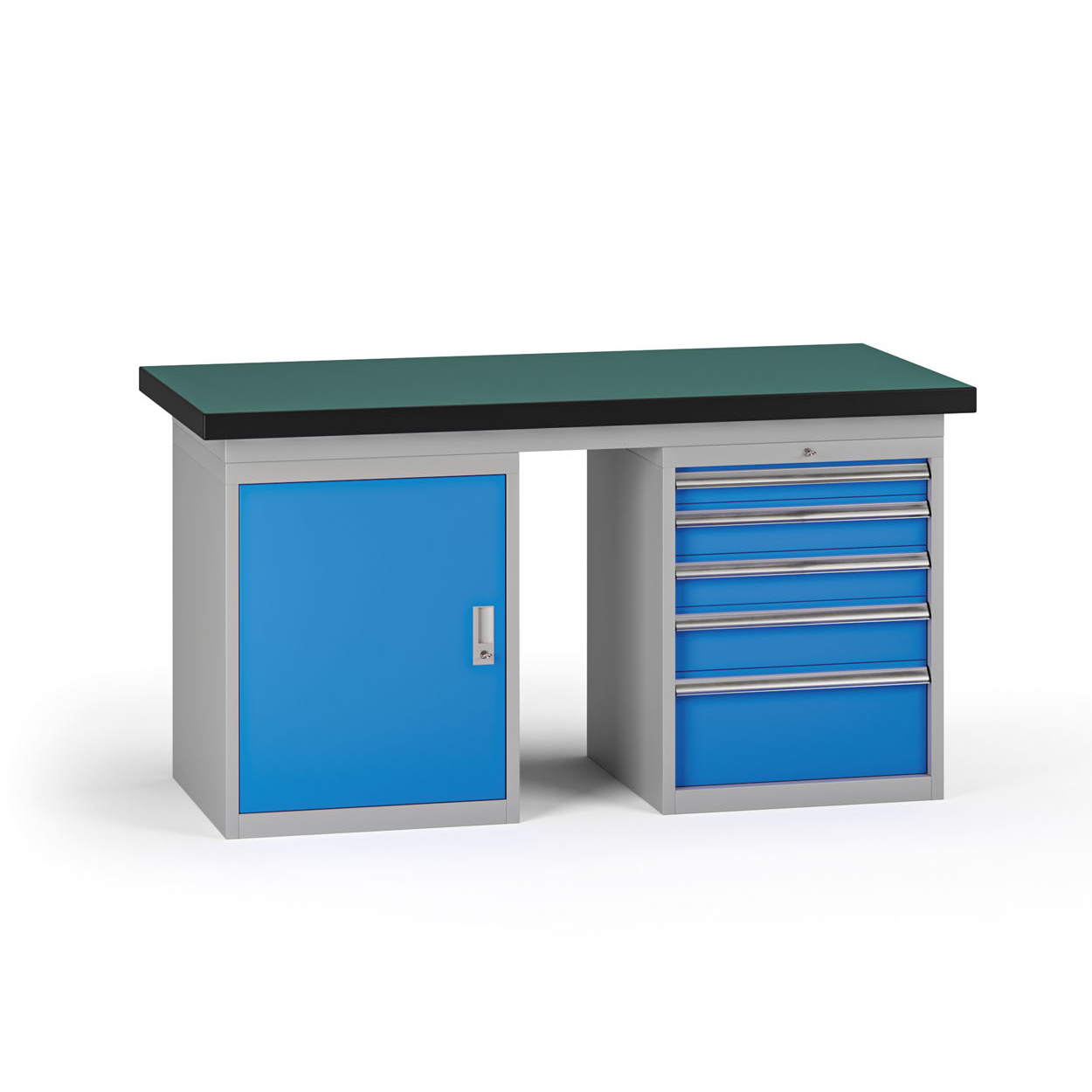Fotografia produktu: Pracovný stôl do dielne G8, 1500 x 750 x 800 mm, 1x skrinka, 1x kontejner, 5 zásuviek, modrá