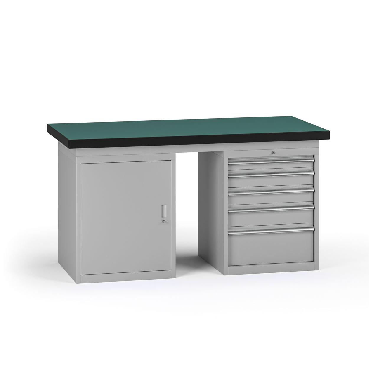 Fotografia produktu: Pracovný stôl do dielne G8, 1500 x 750 x 800 mm, 1x skrinka, 1x kontejner, 5 zásuviek, sivá