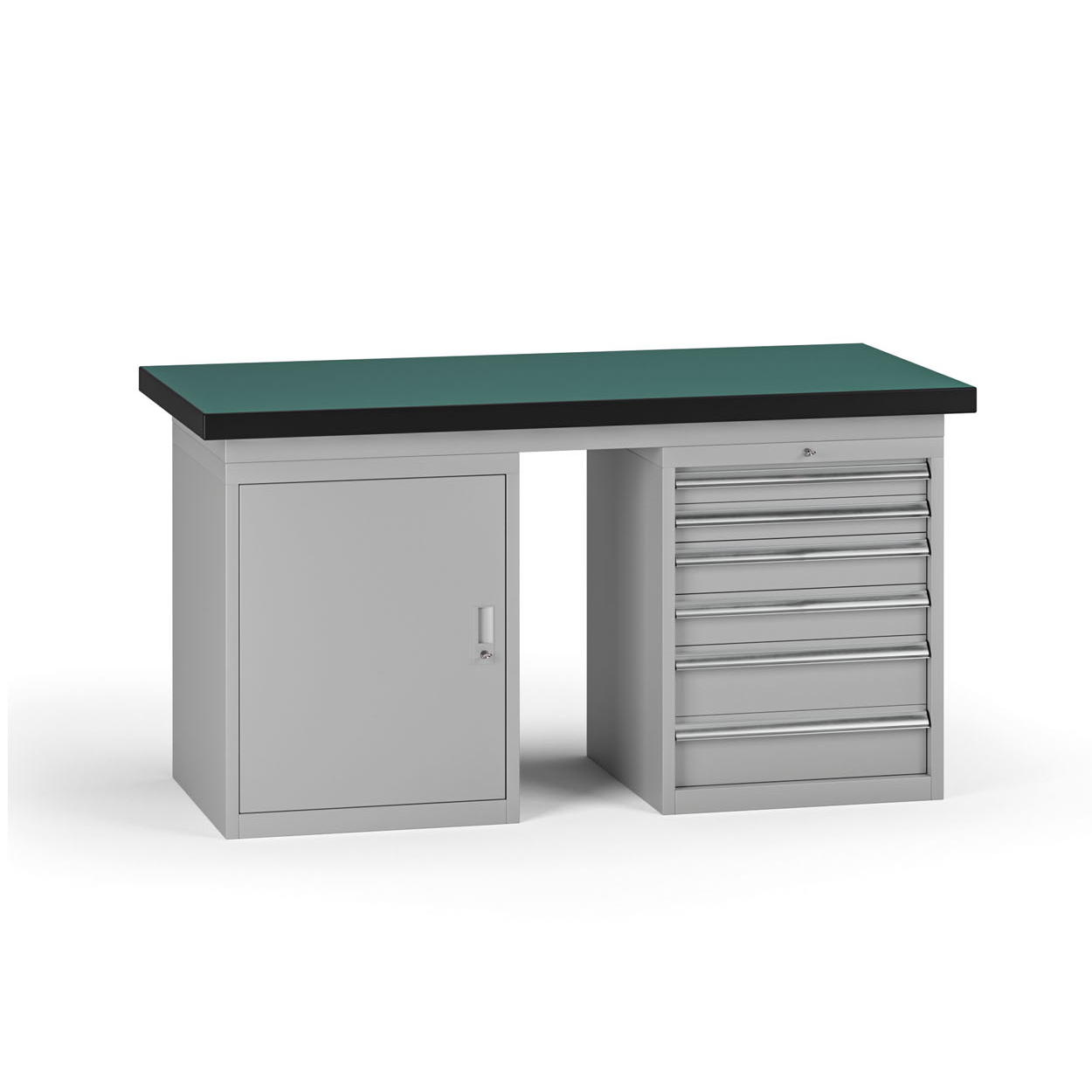 Fotografia produktu: Pracovný stôl do dielne G8, 1500 x 750 x 800 mm, 1x skrinka, 1x kontejner, 6 zásuviek, sivá