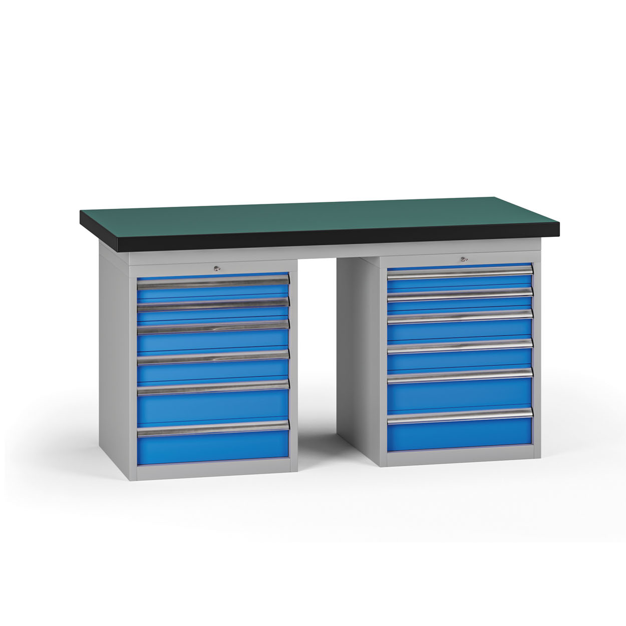 Fotografia produktu: Pracovný stôl do dielne G8, 1500 x 750 x 800 mm, 2x kontejner, 12 zásuviek, modrá