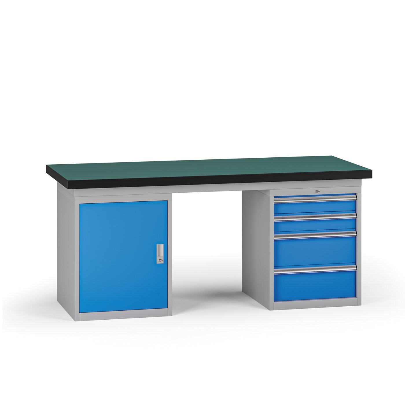 Fotografia produktu: Pracovný stôl do dielne G8, 1800 x 750 x 800 mm, 1x skrinka, 1x kontejner, 4 zásuvky, modrá
