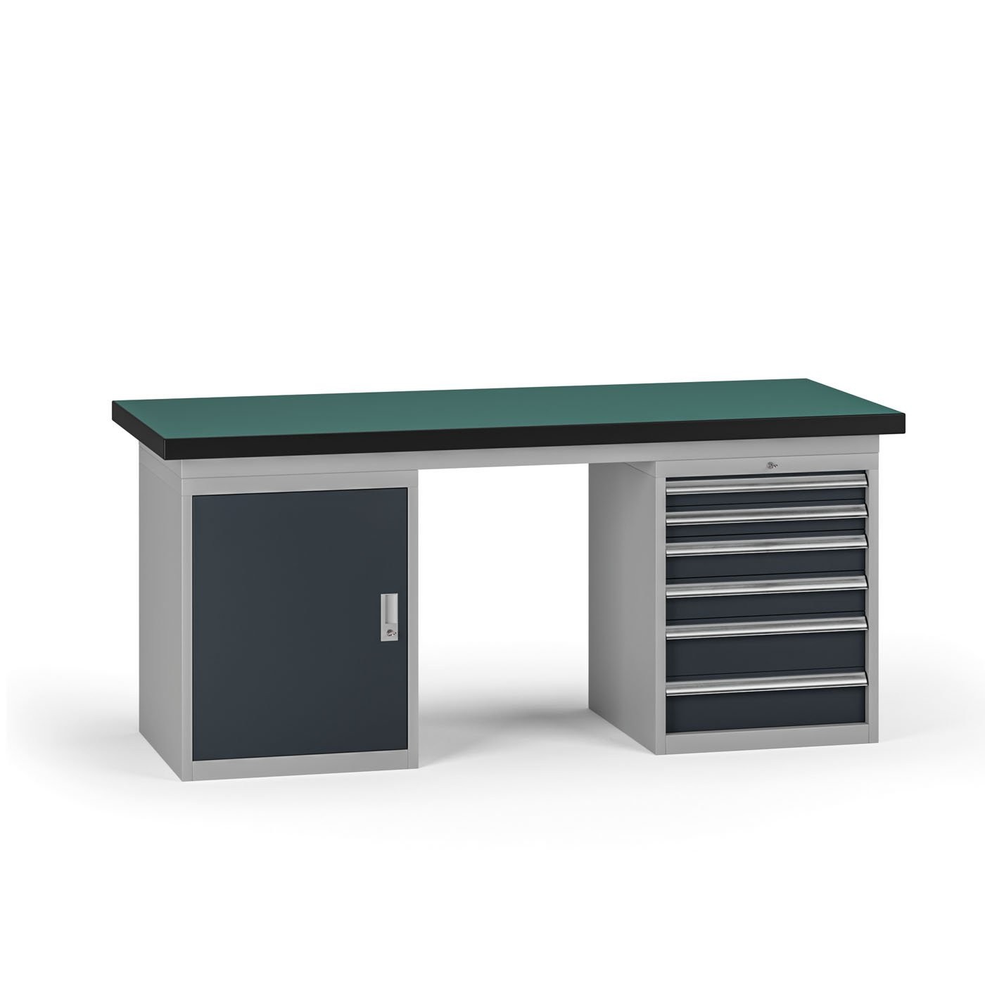 Fotografia produktu: Pracovný stôl do dielne G8, 1800 x 750 x 800 mm, 1x skrinka, 1x kontejner, 6 zásuviek, grafit