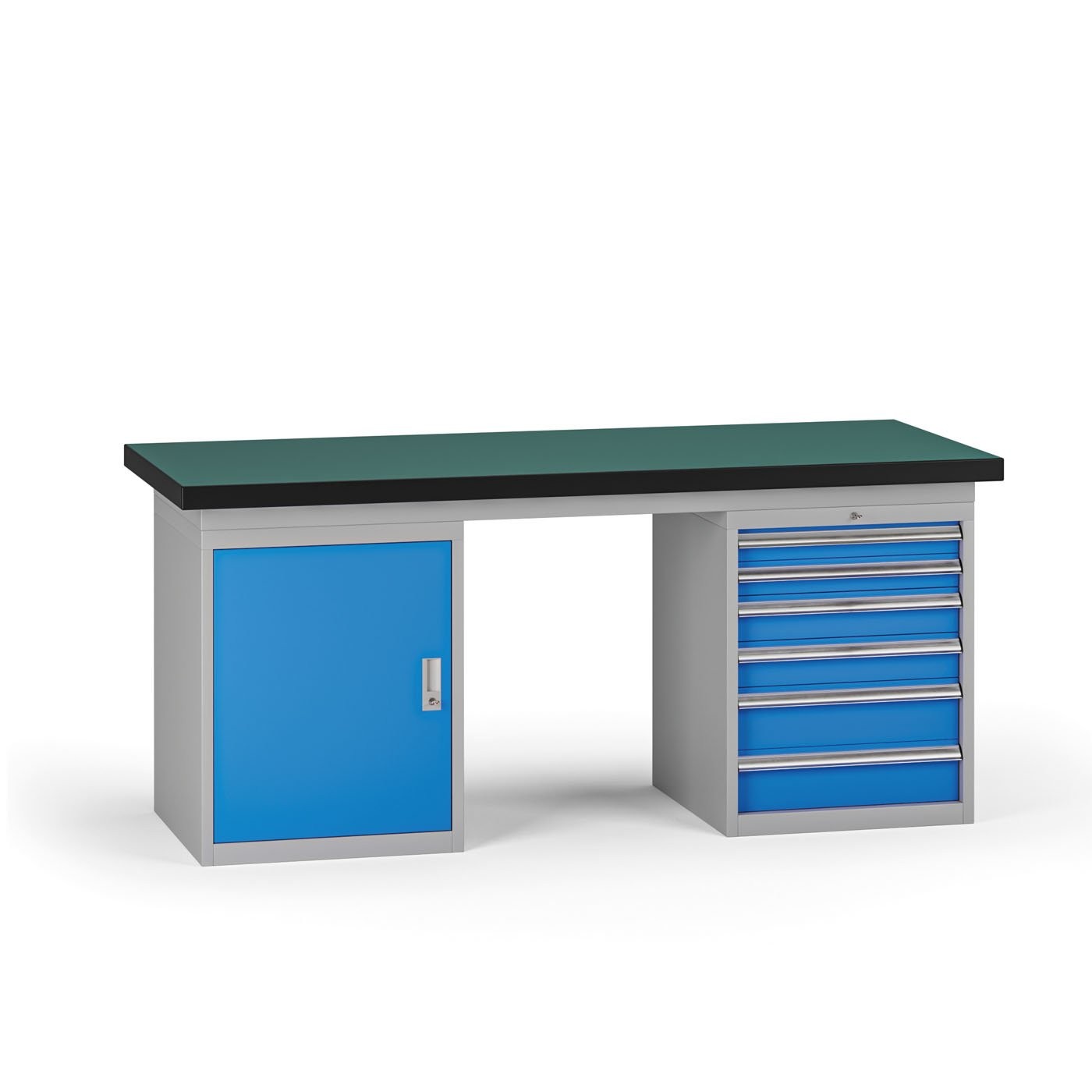 Fotografia produktu: Pracovný stôl do dielne G8, 1800 x 750 x 800 mm, 1x skrinka, 1x kontejner, 6 zásuviek, modrá