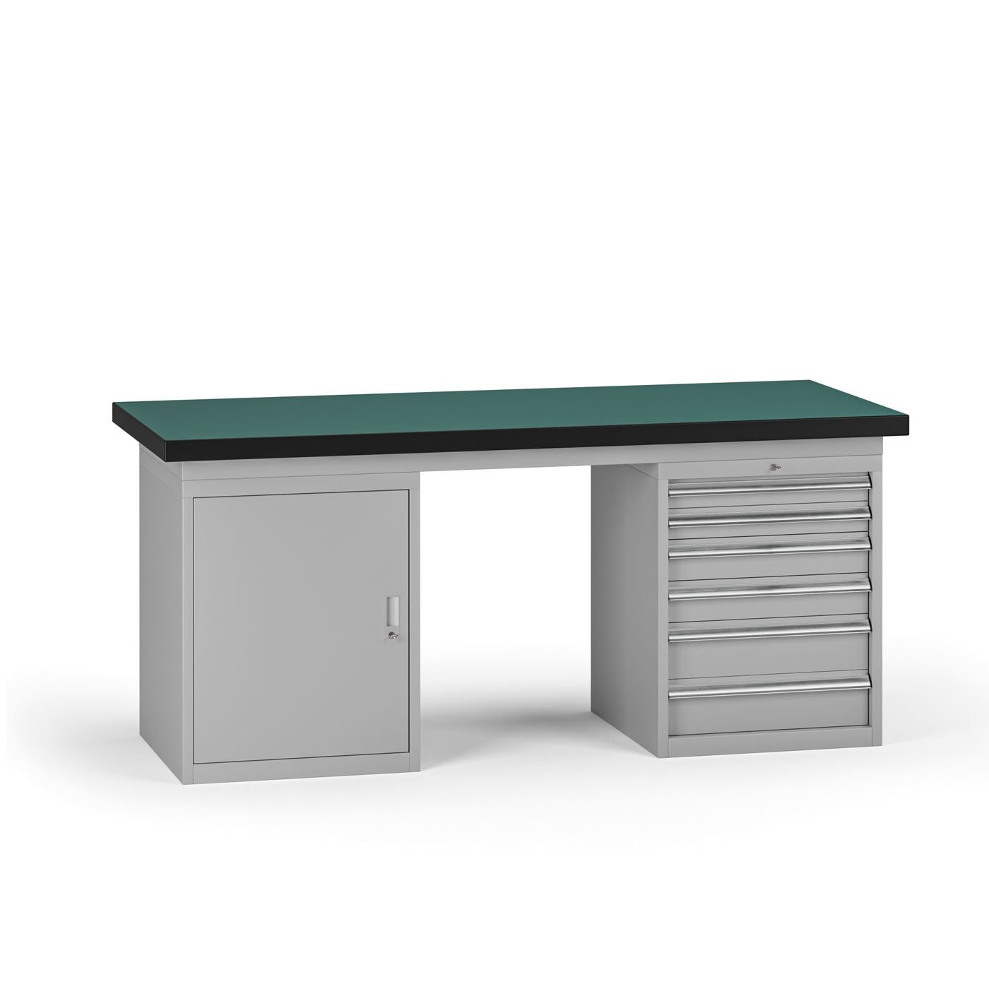 Fotografia produktu: Pracovný stôl do dielne G8, 1800 x 750 x 800 mm, 1x skrinka, 1x kontejner, 6 zásuviek, sivá