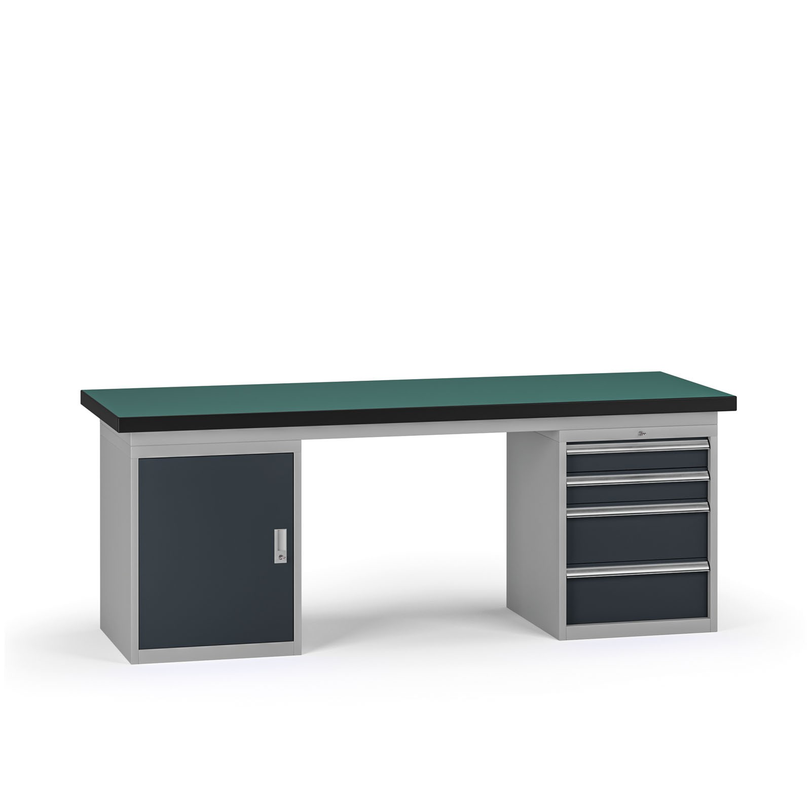 Fotografia produktu: Pracovný stôl do dielne G8, 2100 x 750 x 800 mm, 1x skrinka, 1x kontejner, 4 zásuvky, grafit