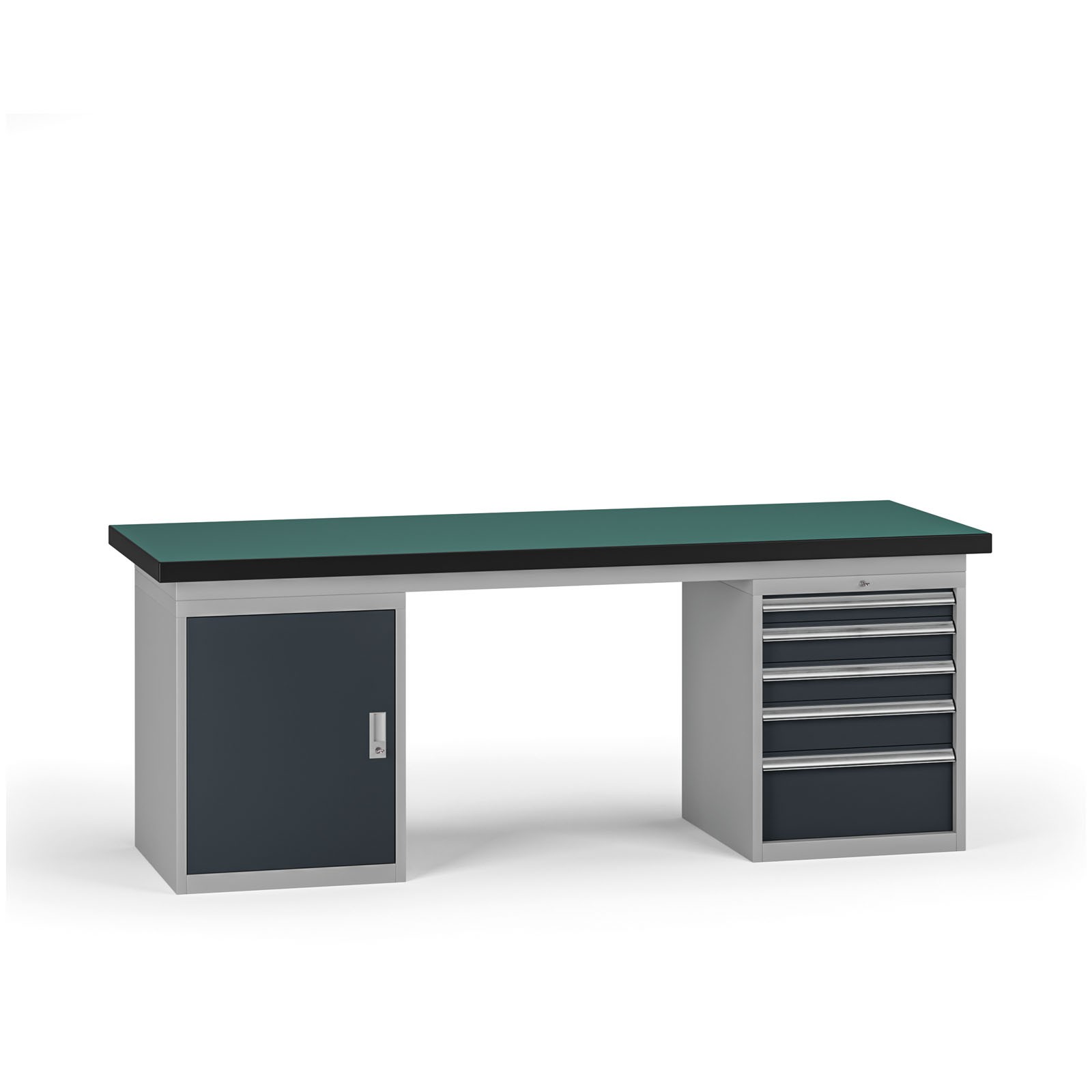 Fotografia produktu: Pracovný stôl do dielne G8, 2100 x 750 x 800 mm, 1x skrinka, 1x kontejner, 5 zásuviek, grafit