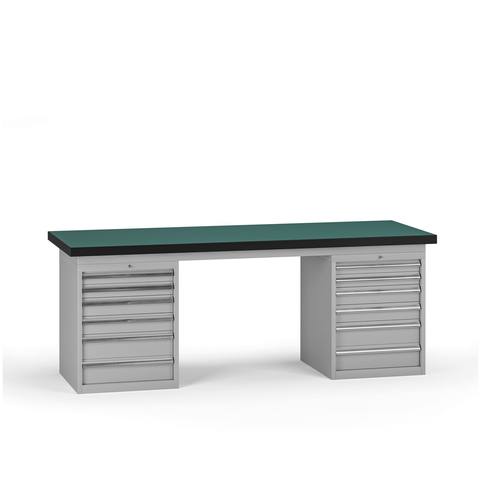 Fotografia produktu: Pracovný stôl do dielne G8, 2100 x 750 x 800 mm, 2x kontejner, 12 zásuviek, sivá