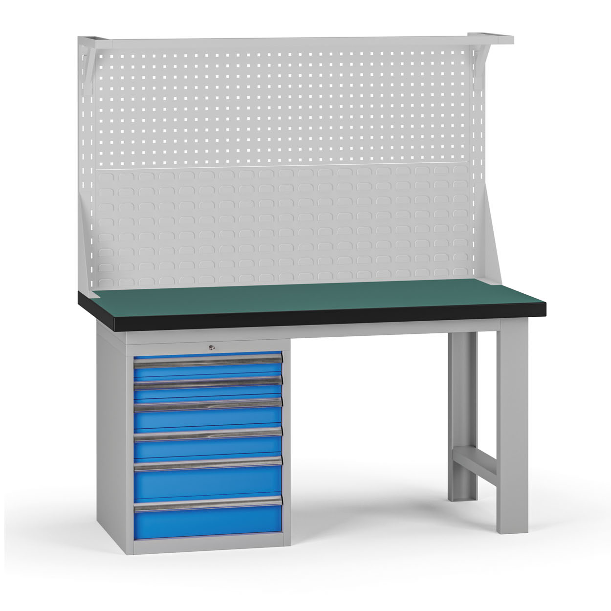 Fotografia produktu: Pracovný stôl do dielne G8 s nadstavbou, 1500 x 750 x 800 mm, 1x kontejner, 6 zásuviek, modrá