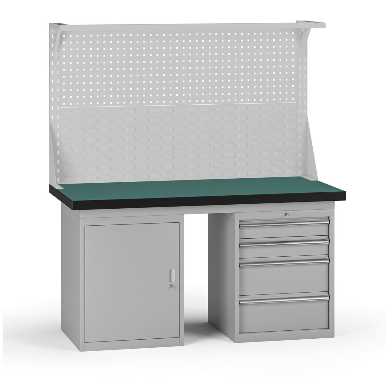 Fotografia produktu: Pracovný stôl do dielne G8 s nadstavbou, 1500 x 750 x 800 mm, 1x skrinka, 1x kontejner, 4 zásuvky, sivá