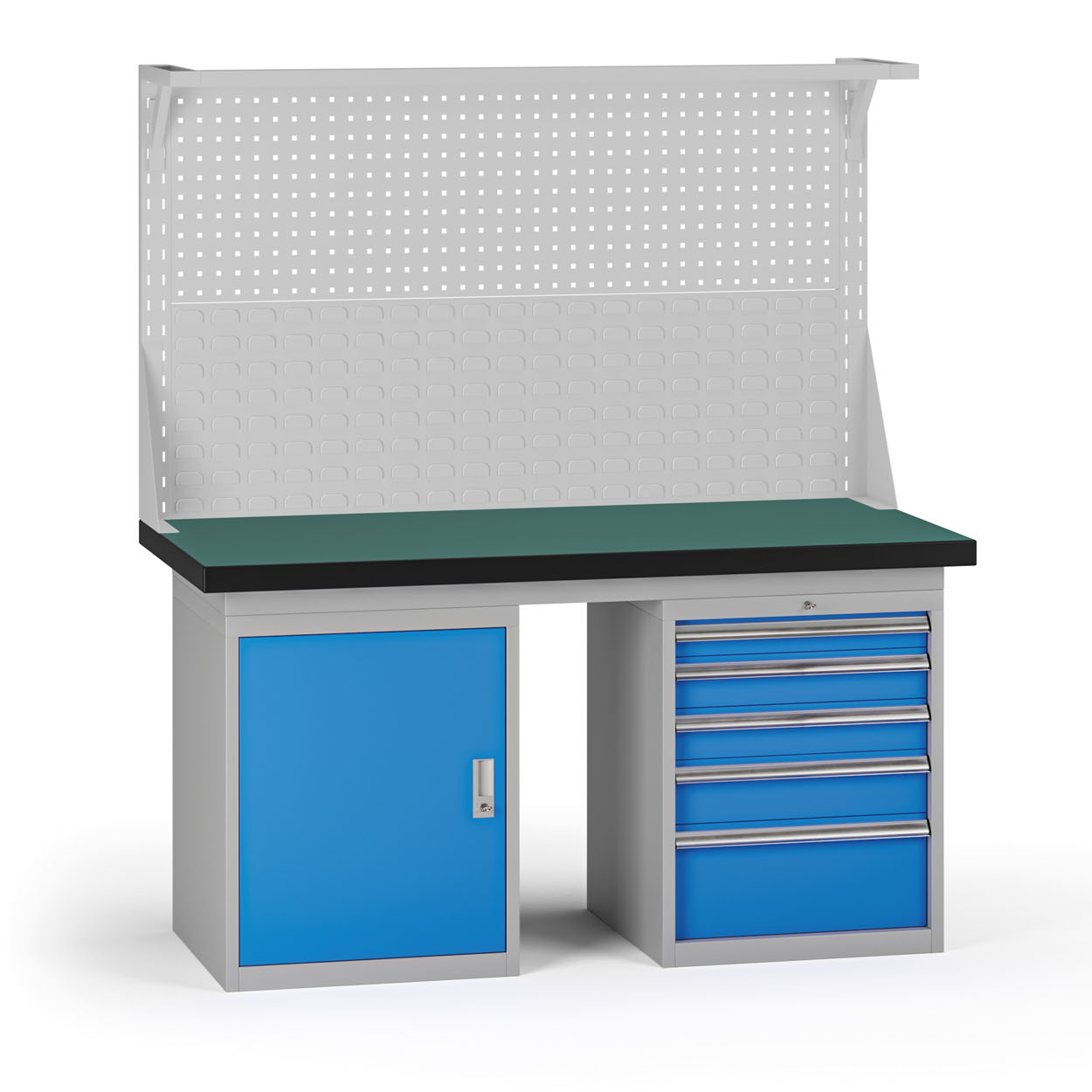 Fotografia produktu: Pracovný stôl do dielne G8 s nadstavbou, 1500 x 750 x 800 mm, 1x skrinka, 1x kontejner, 5 zásuviek, modrá