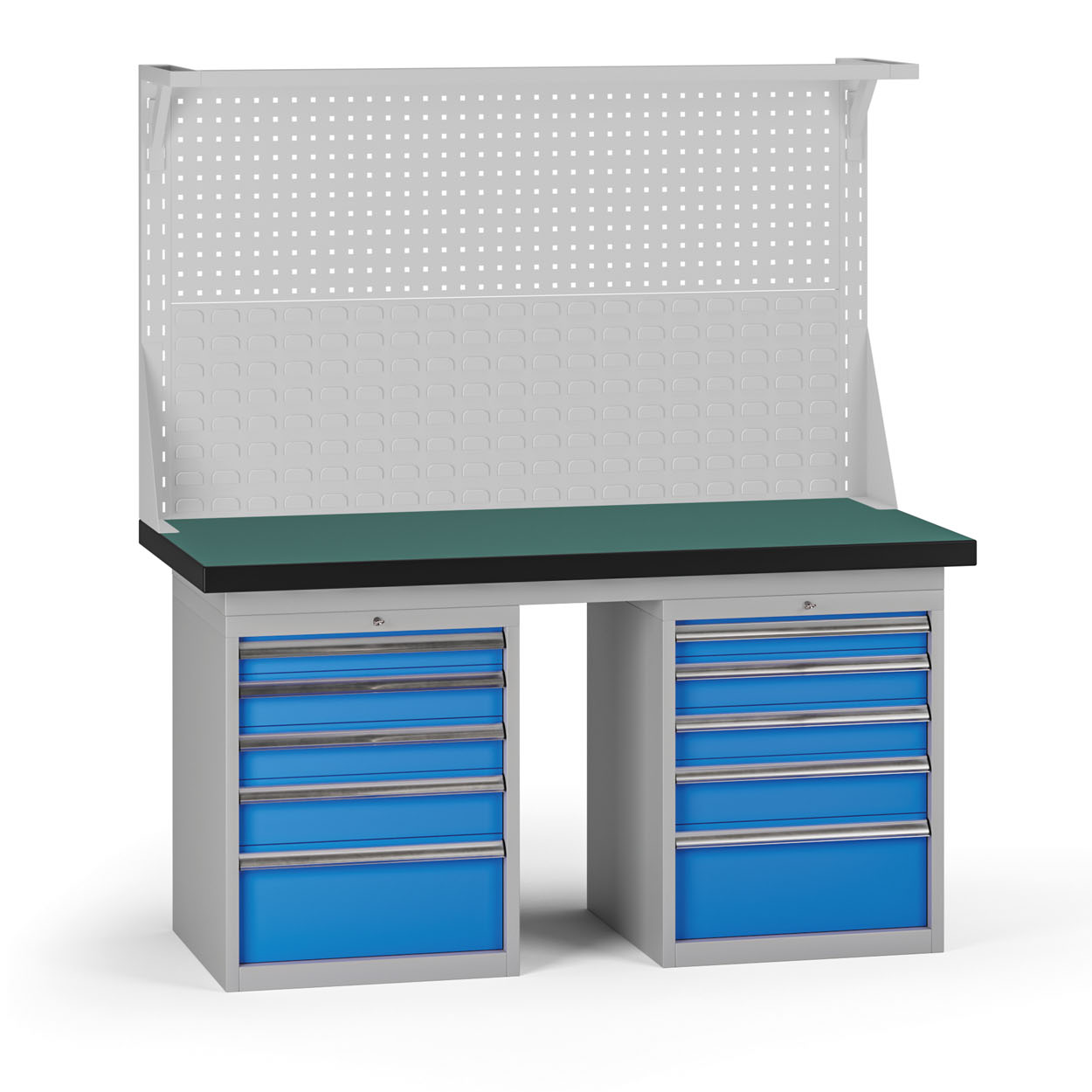 Fotografia produktu: Pracovný stôl do dielne G8 s nadstavbou, 1500 x 750 x 800 mm, 2x kontejner, 10 zásuviek, modrá
