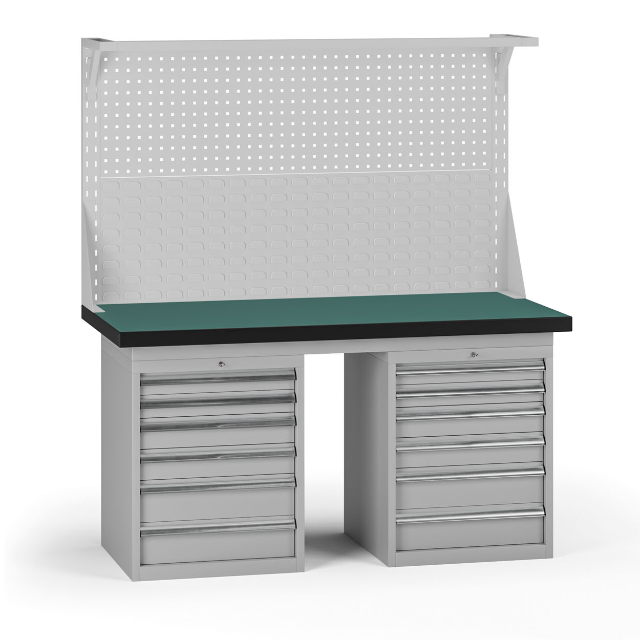 Fotografia produktu: Pracovný stôl do dielne G8 s nadstavbou, 1500 x 750 x 800 mm, 2x kontejner, 12 zásuviek, sivá
