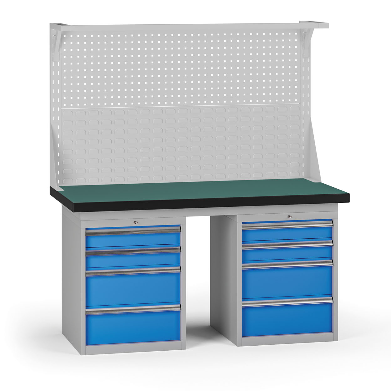 Fotografia produktu: Pracovný stôl do dielne G8 s nadstavbou, 1500 x 750 x 800 mm, 2x kontejner, 8 zásuviek, modrá