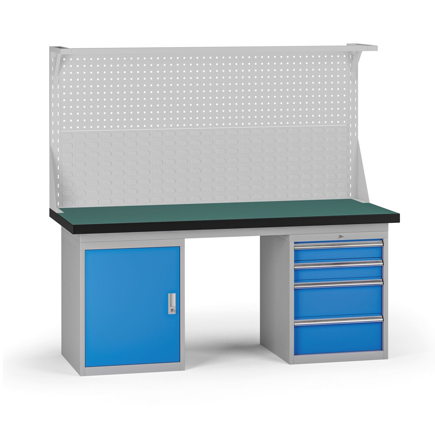 Fotografia produktu: Pracovný stôl do dielne G8 s nadstavbou, 1800 x 750 x 800 mm, 1x skrinka, 1x kontejner, 4 zásuvky, modrá