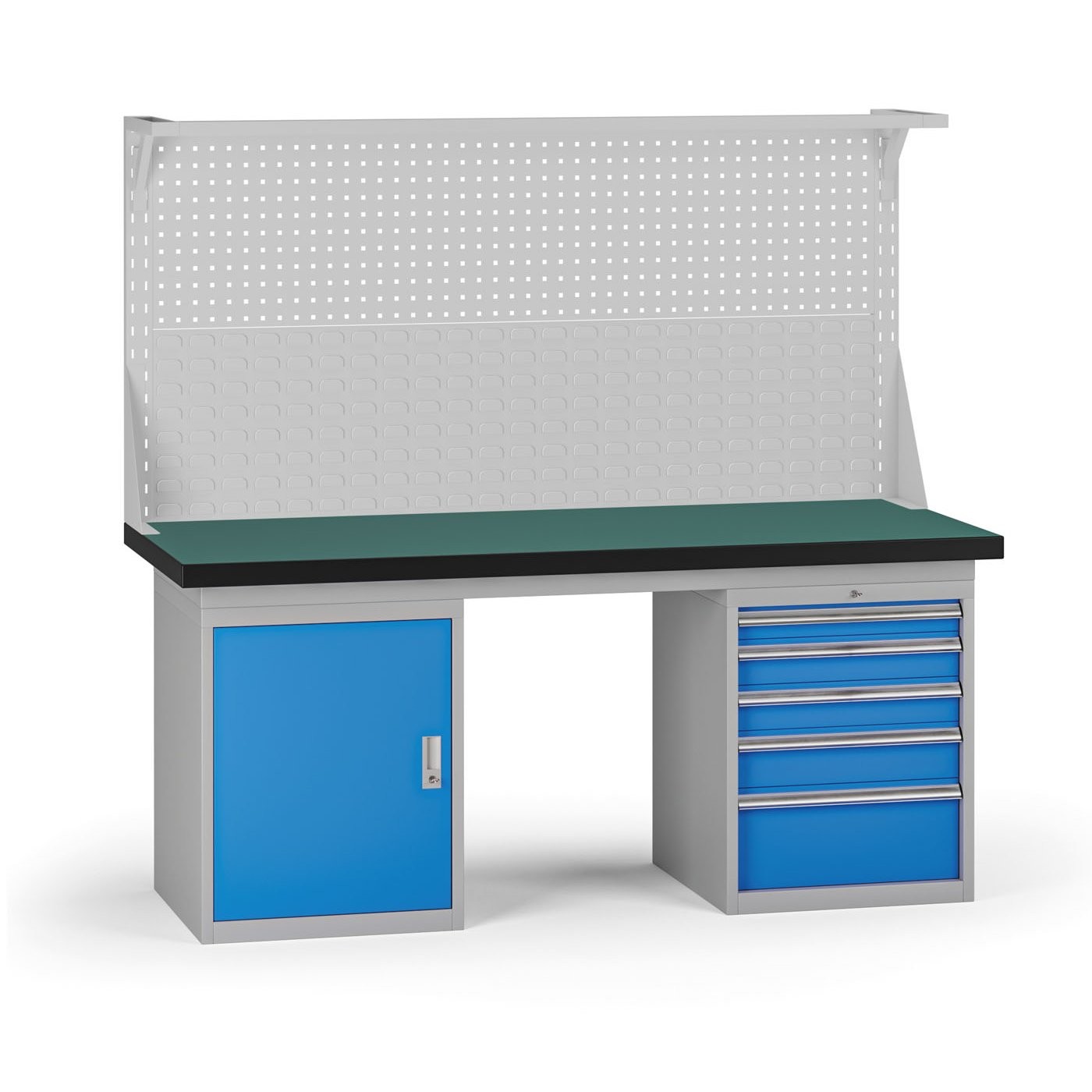 Fotografia produktu: Pracovný stôl do dielne G8 s nadstavbou, 1800 x 750 x 800 mm, 1x skrinka, 1x kontejner, 5 zásuviek, modrá