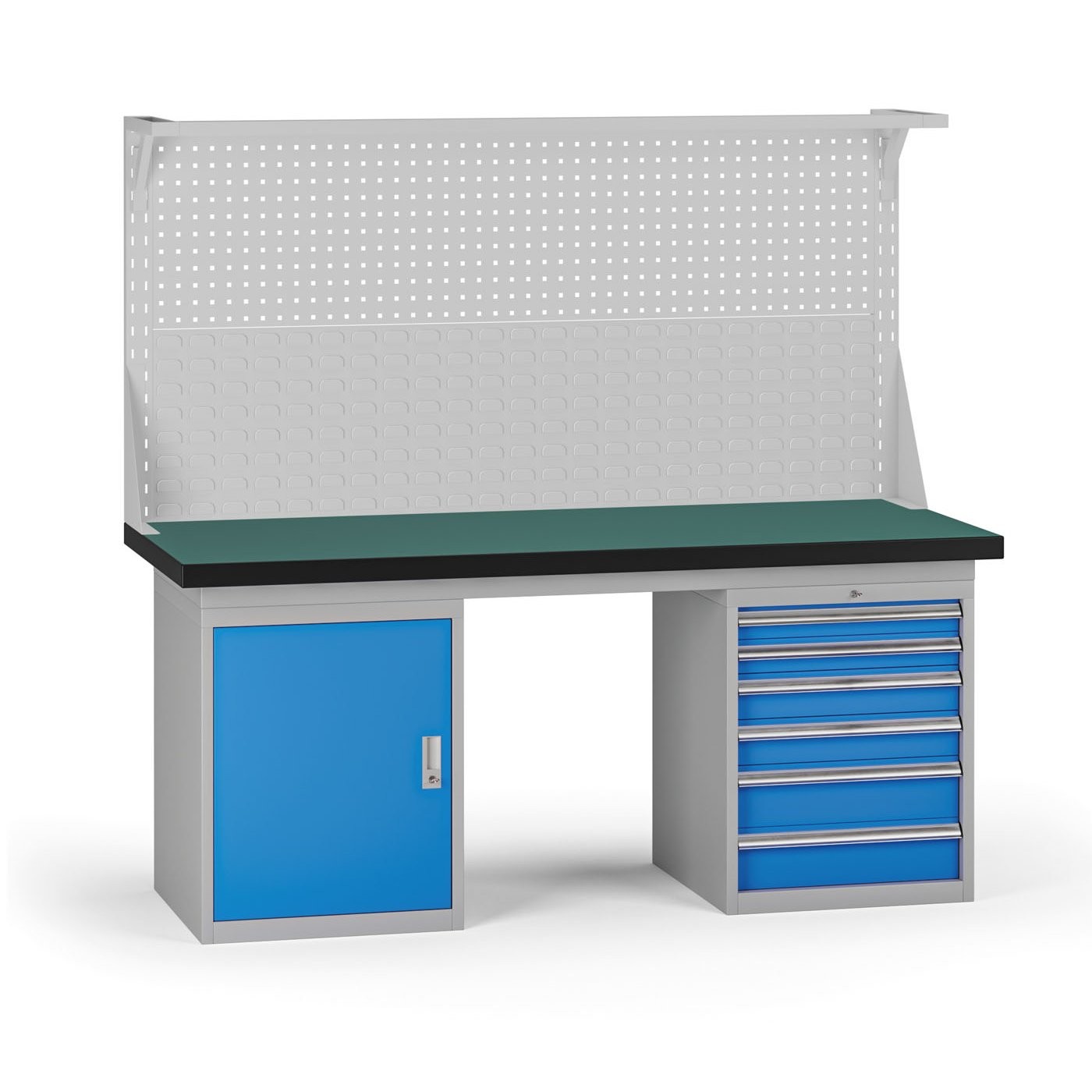 Fotografia produktu: Pracovný stôl do dielne G8 s nadstavbou, 1800 x 750 x 800 mm, 1x skrinka, 1x kontejner, 6 zásuviek, modrá