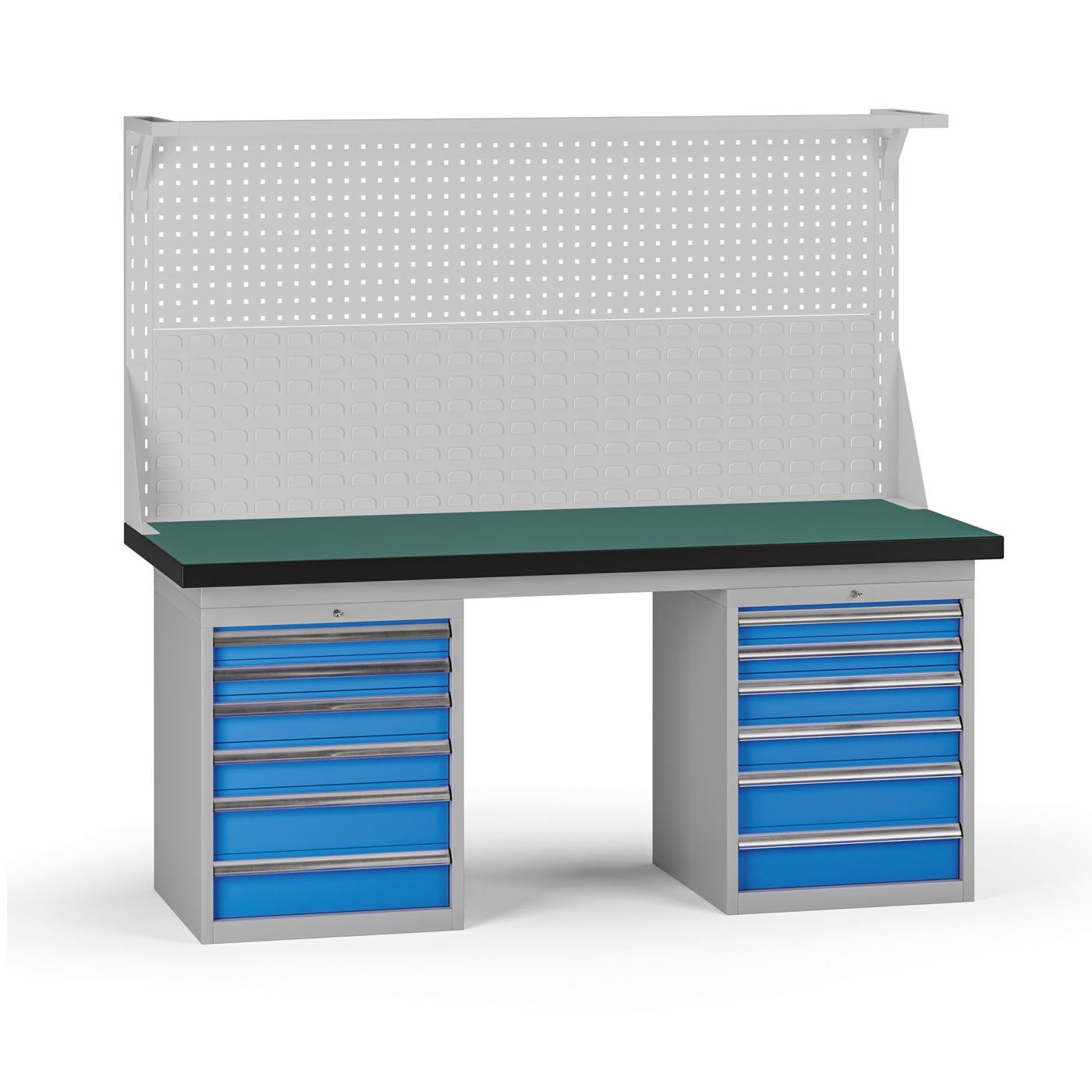 Fotografia produktu: Pracovný stôl do dielne G8 s nadstavbou, 1800 x 750 x 800 mm, 2x kontejner, 12 zásuviek, modrá
