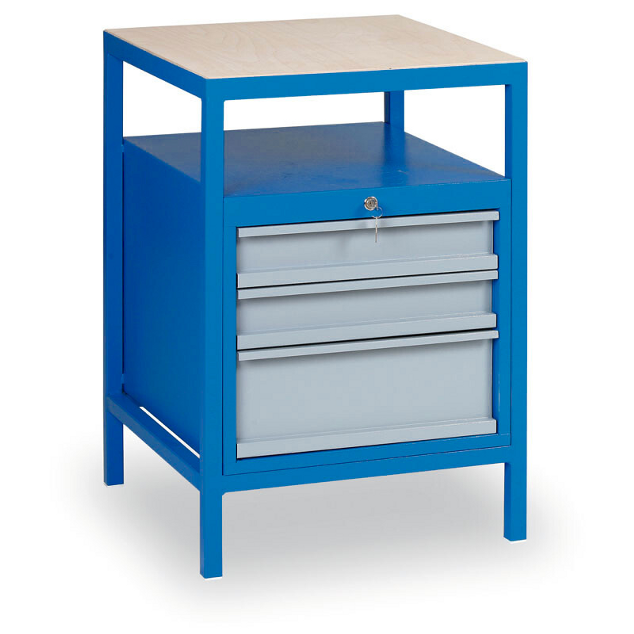 Přístavný dílenský zásuvkový box na nářadí k pracovním stolům GD, 3 zásuvky, 1 police, 575 x 600 x 850 mm, modrá