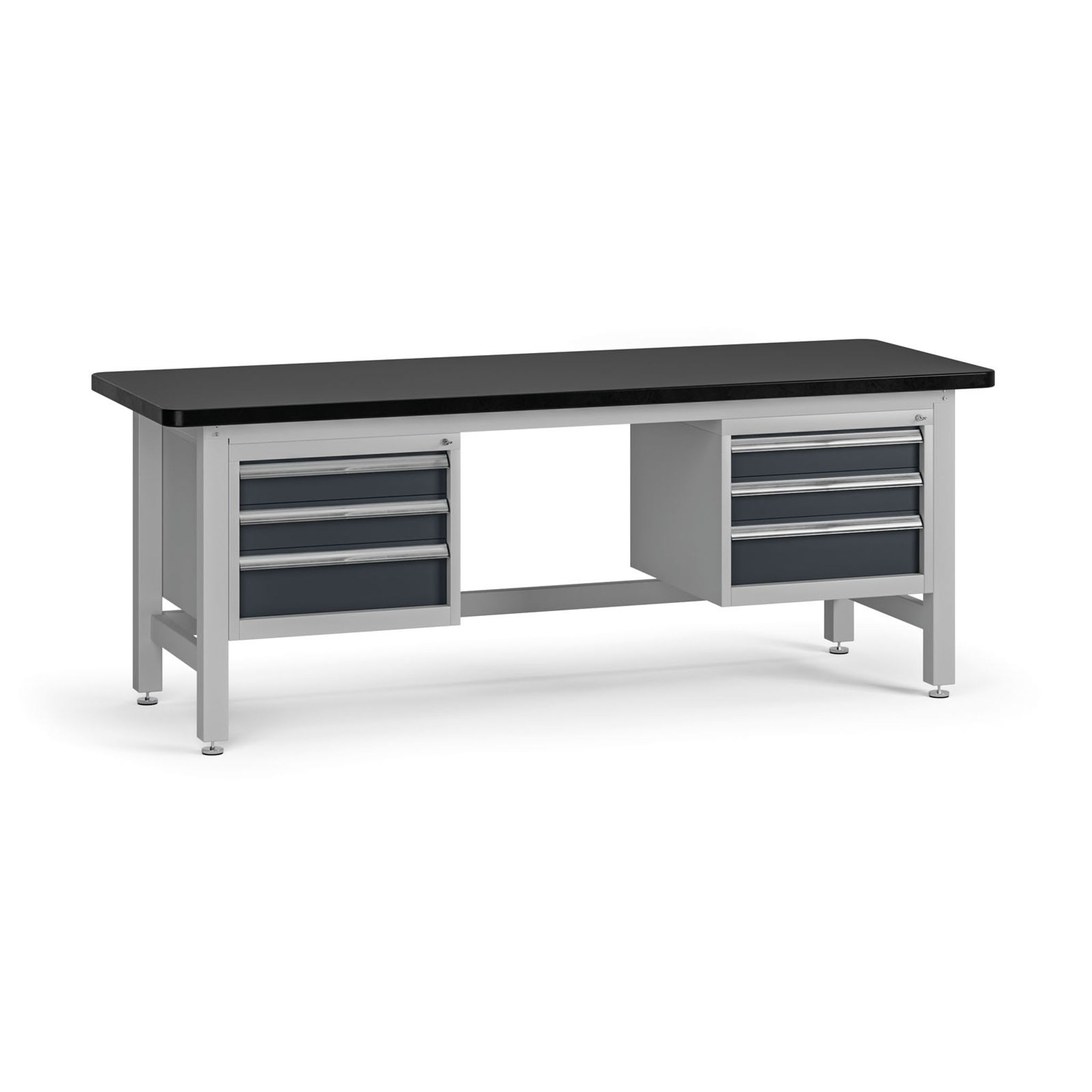 Profesionální dílenský stůl G4, 2x3 zásuvky, deska MDF + PVC, 2100 x 750 x 800 mm, grafit