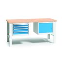 Profesjonalny stół warsztatowy z drewnianym blatem roboczym, 2000x685x840-1050 mm, 1x 4 szufladowy kontener, 1x szafka