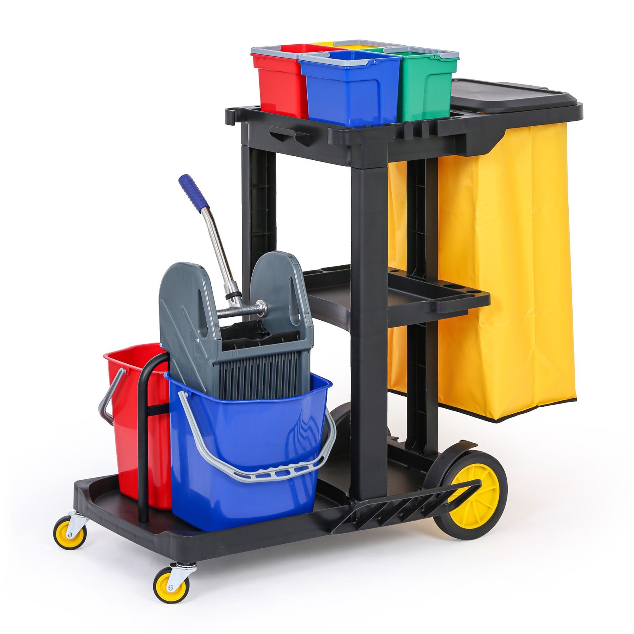 Professioneller Reinigungswagen mit 6 Eimern und Sack mit Deckel, 1120 × 710 × 1100 mm