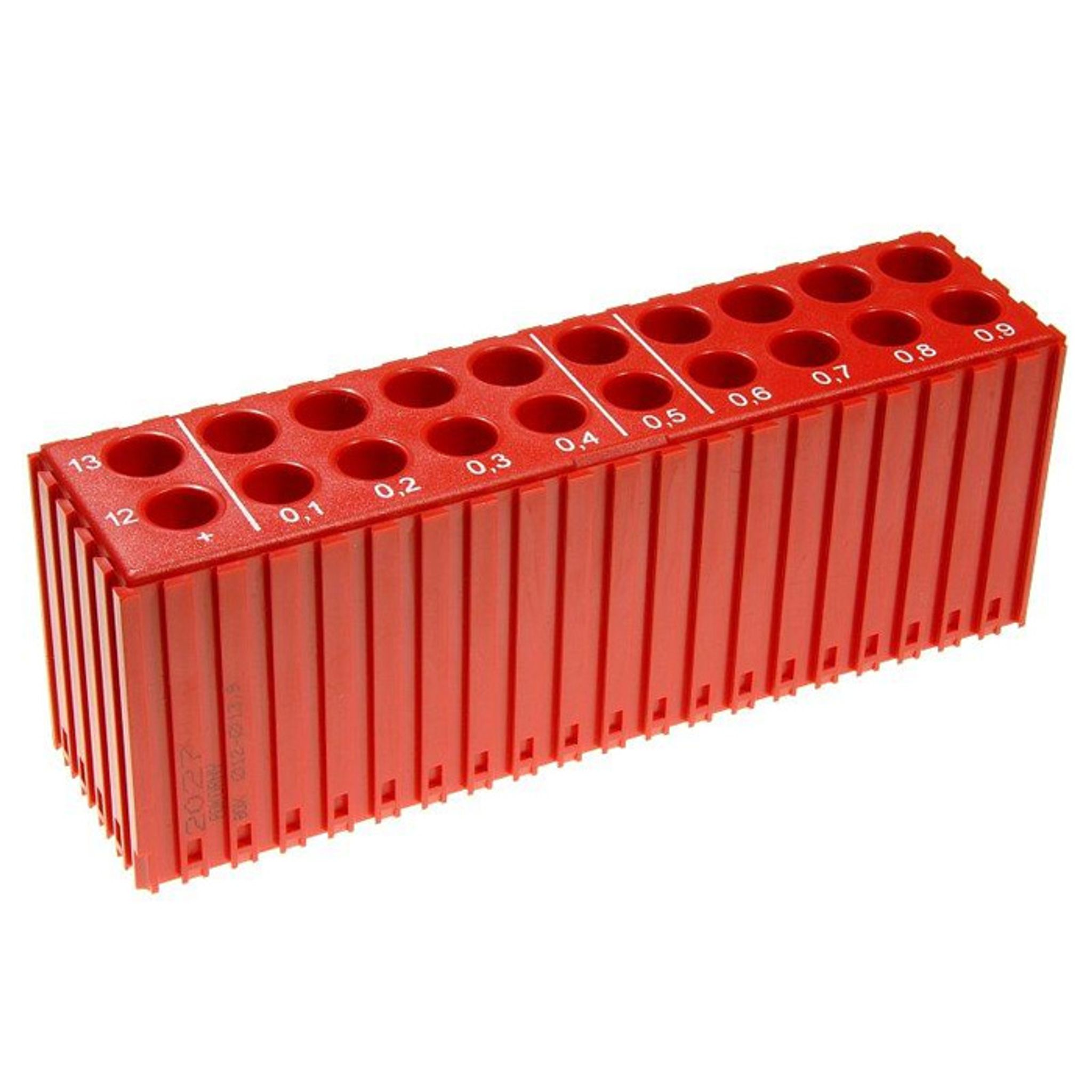 Pudełko plastikowe do przechowywania wierteł 12–13,9 mm, moduł 20x5, 20 gniazd, czerwone