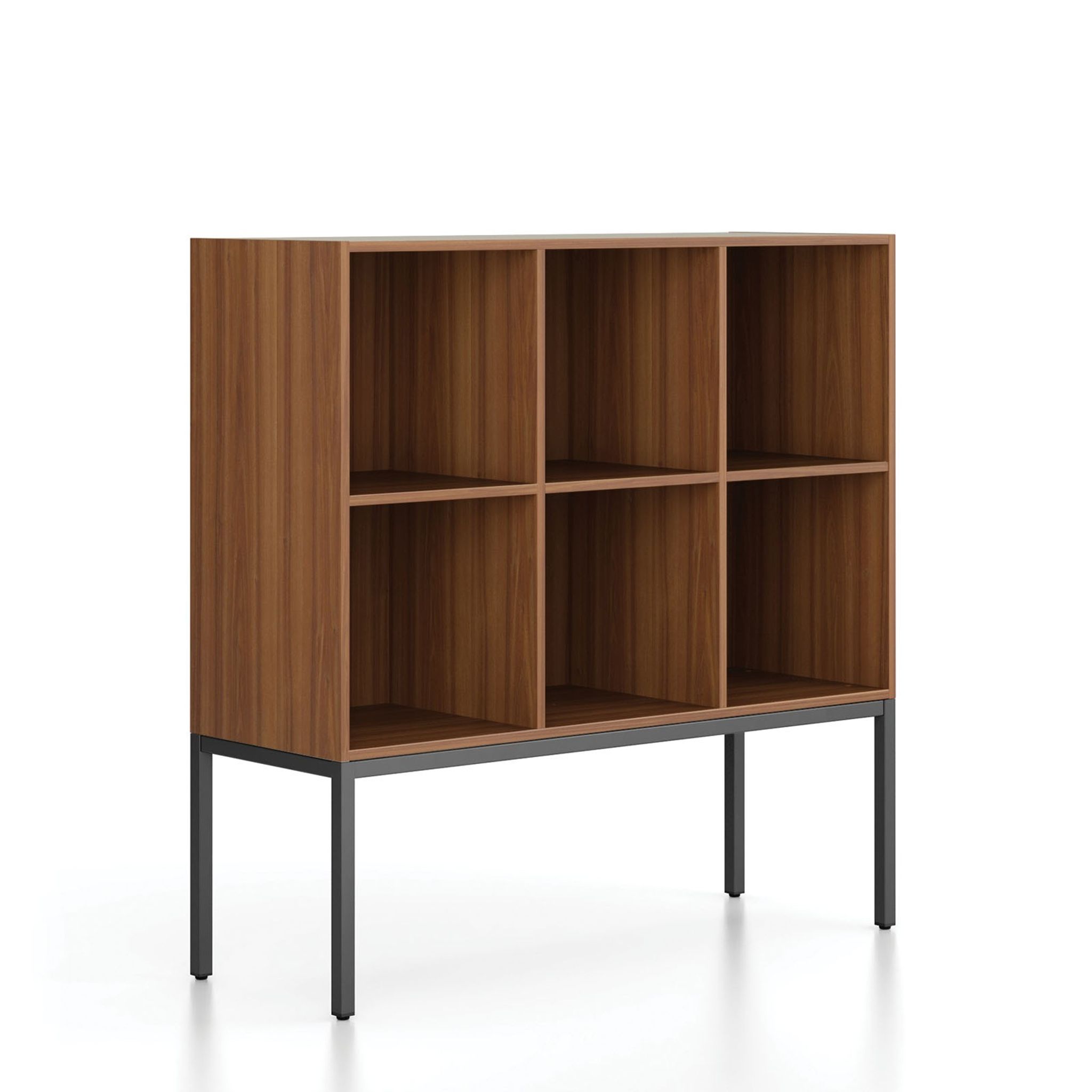 Regál FRAME, nízka, s čiernou podnožou, 1299 x 450 x 1331 mm, orech