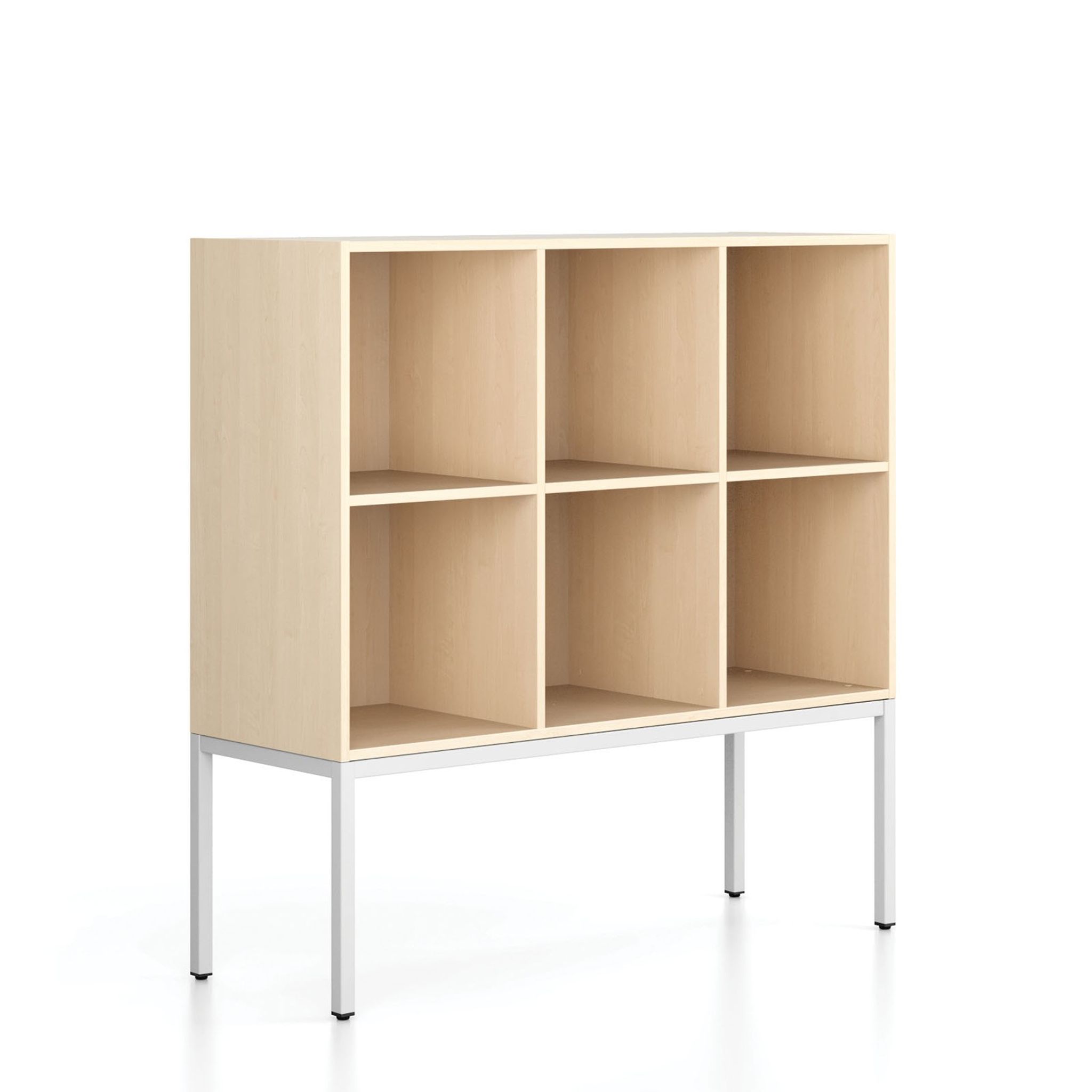 Regál FRAME, nízky, s bielou podnožou, 1299 x 450 x 1331 mm, breza