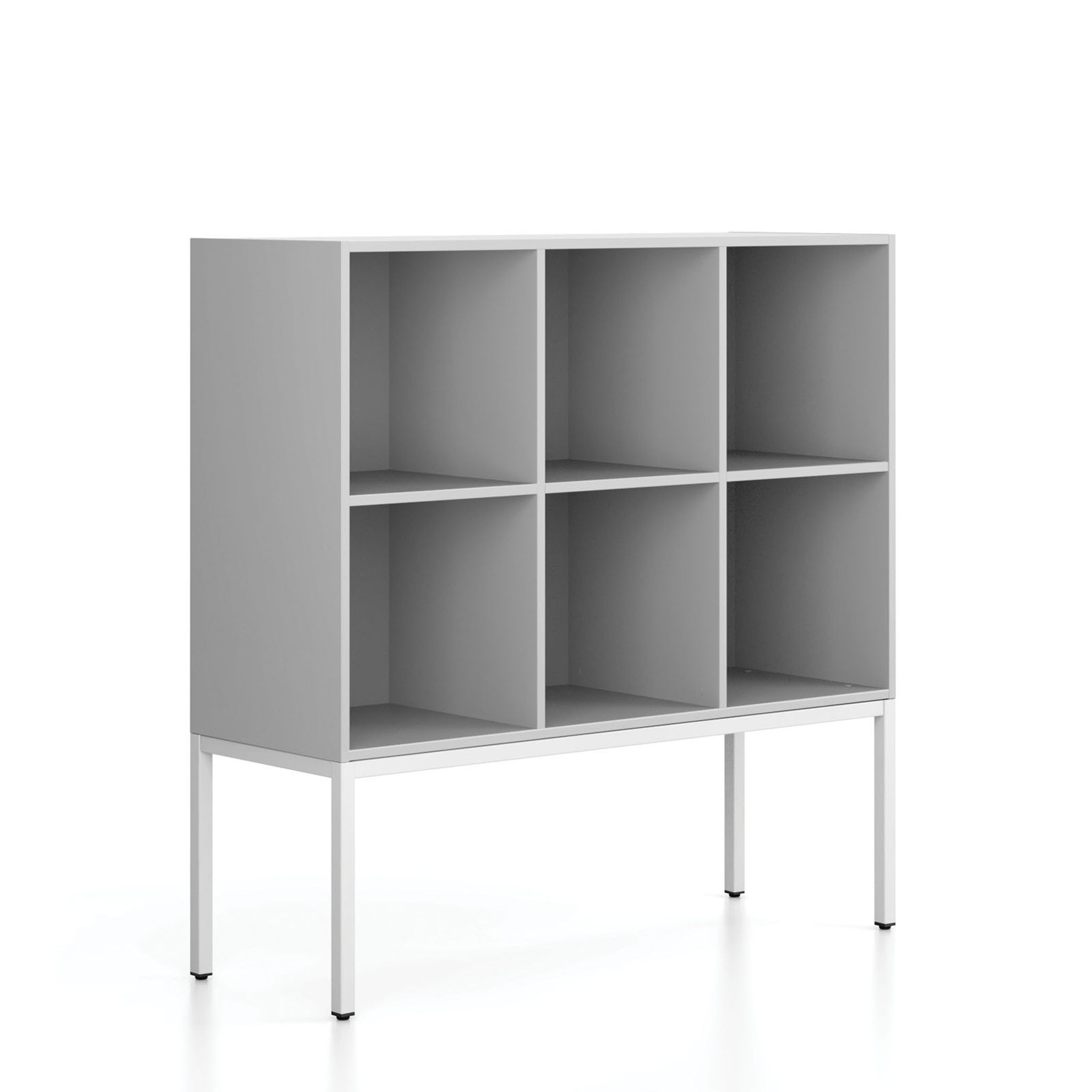 Regál FRAME, nízky, s bielou podnožou, 1299 x 450 x 1331 mm, sivá