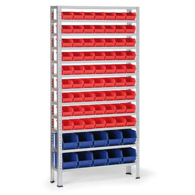Regál s plastovými boxy BASIC, 1730 x 850 x 300 mm, 63x box A, 10x box B