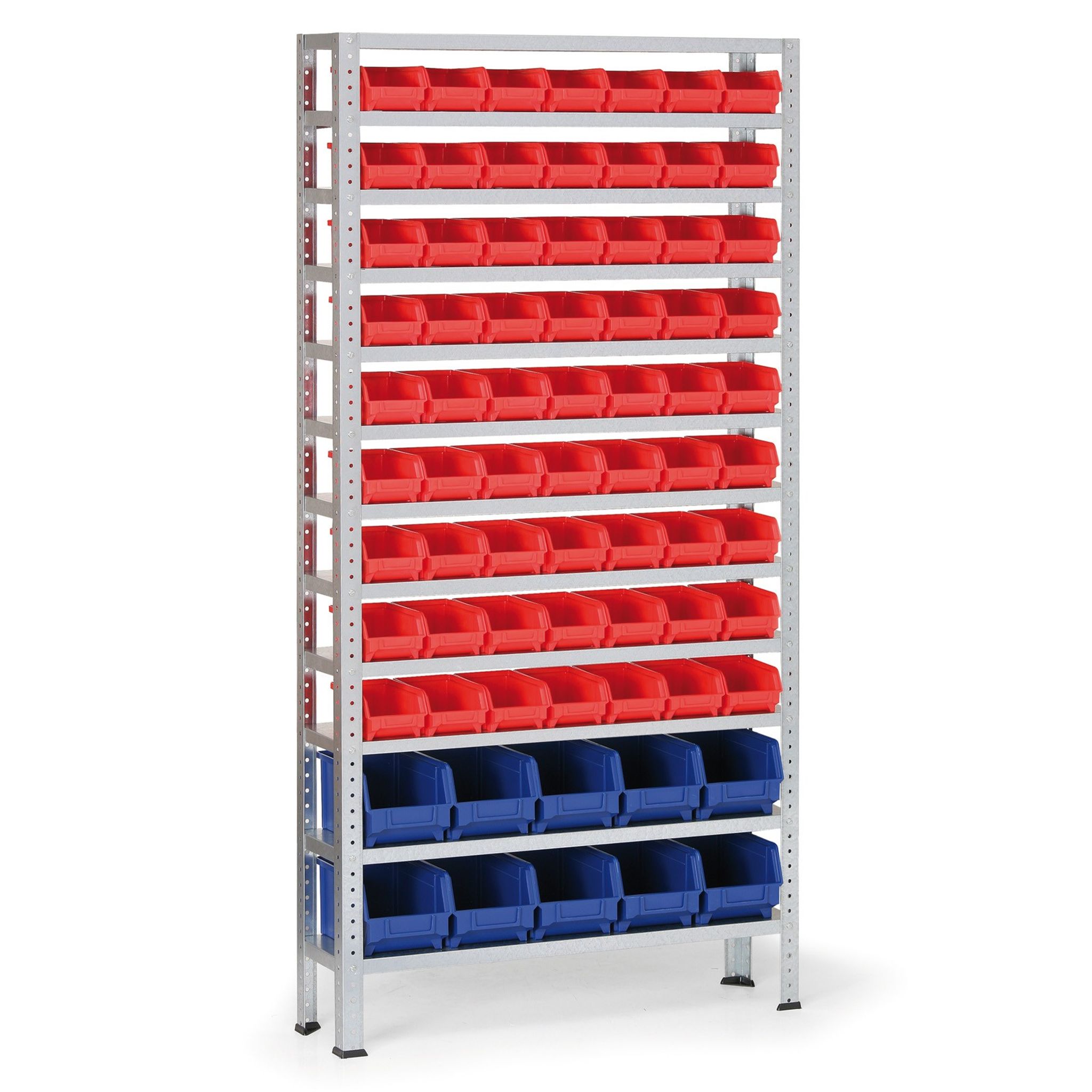 Regał z plastikowymi pojemnikami BASIC, 1730 x 850 x 300 mm, 63x pojemnik typu A + 10x pojemnik typu B