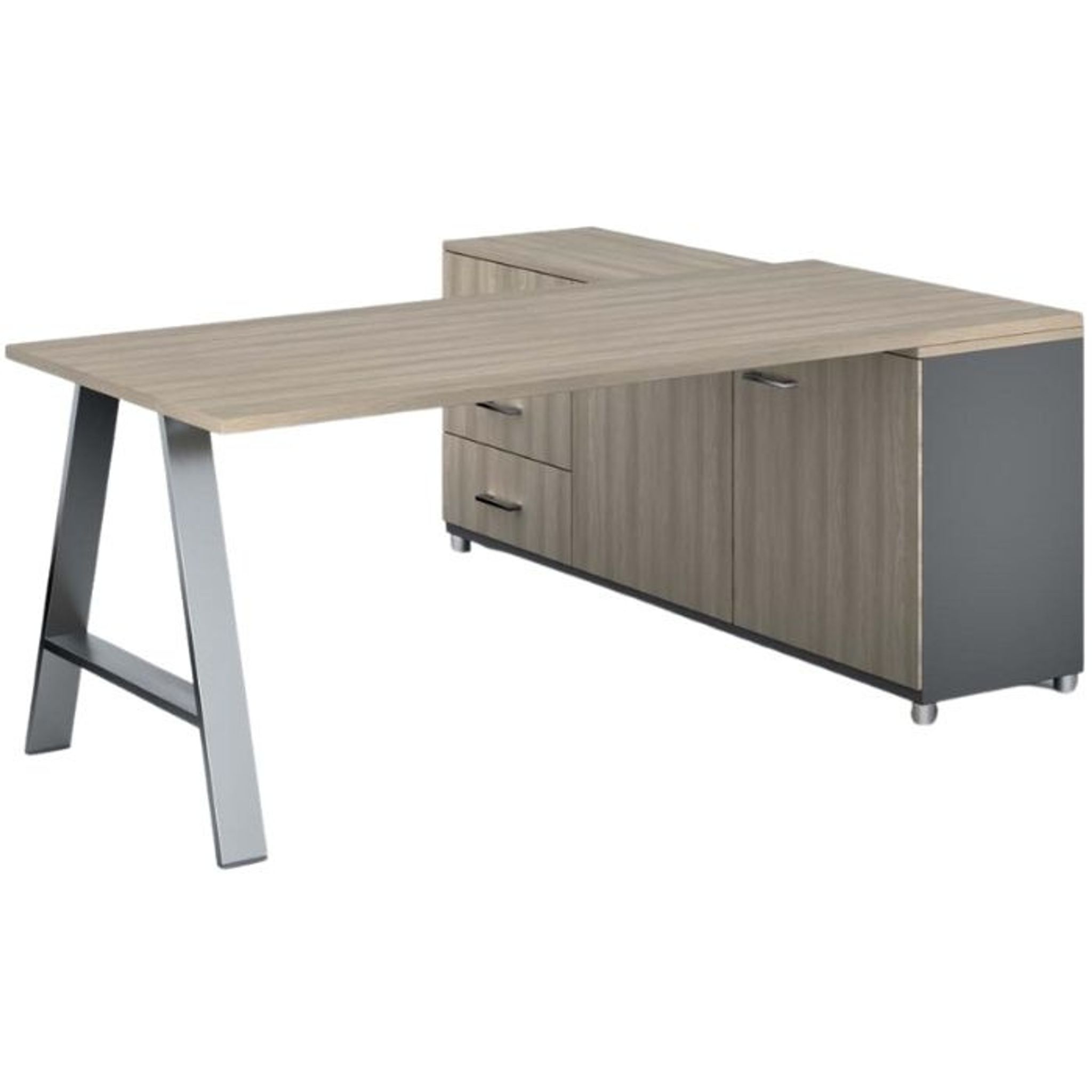 Rohový kancelářský stůl PRIMO STUDIO, 180x80 cm, skříňka vlevo, šedá / dub přírodní