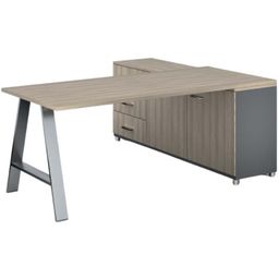 Rohový kancelářský stůl PRIMO STUDIO, 180x80 cm, skříňka vlevo, šedá / dub přírodní