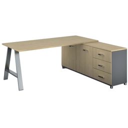 Rohový kancelářský stůl PRIMO STUDIO, 180x80 cm, skříňka vpravo, šedá / bříza