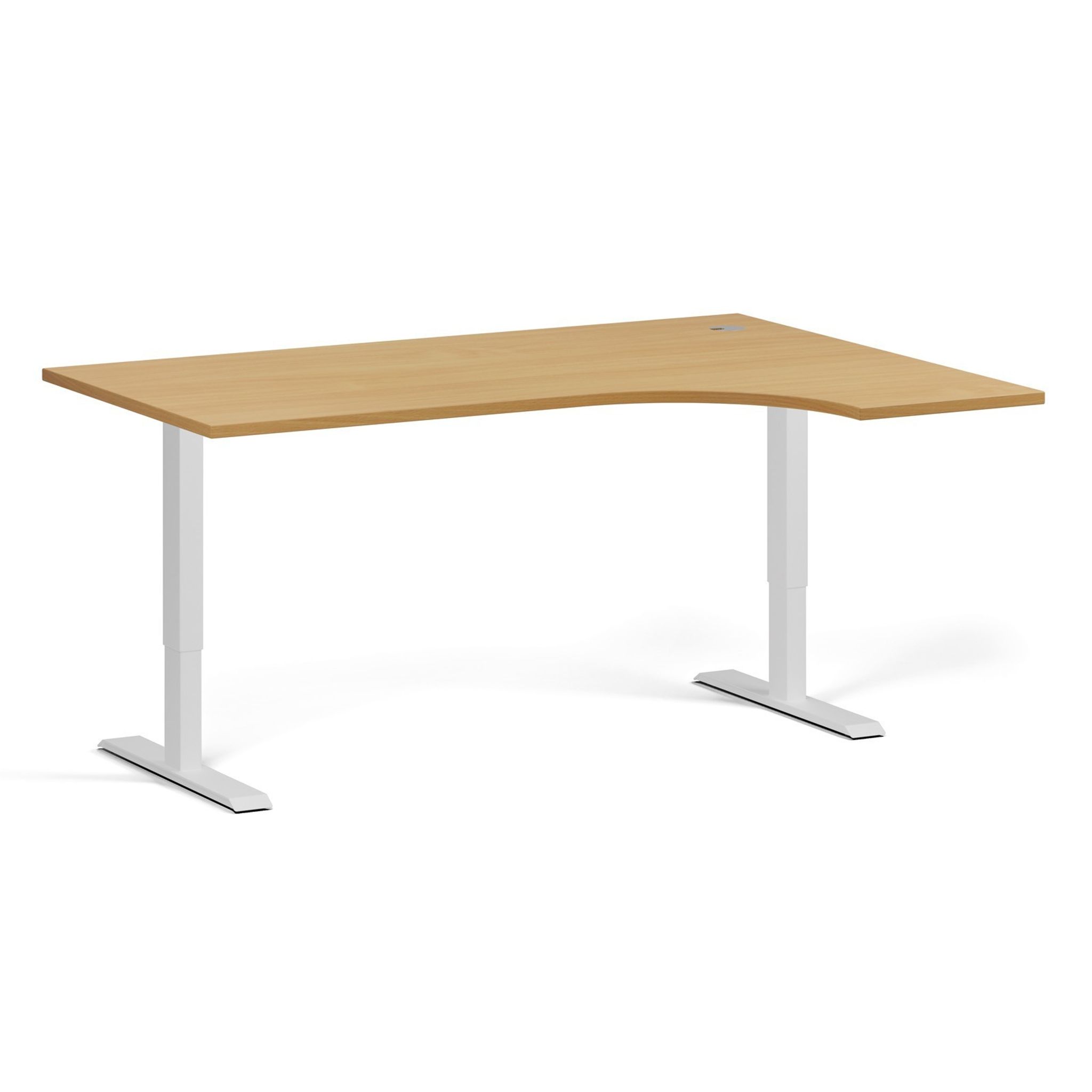 Rohový výškově nastavitelný stůl, 160x120 cm, 1 motor, L/P, bílá podnož, buk