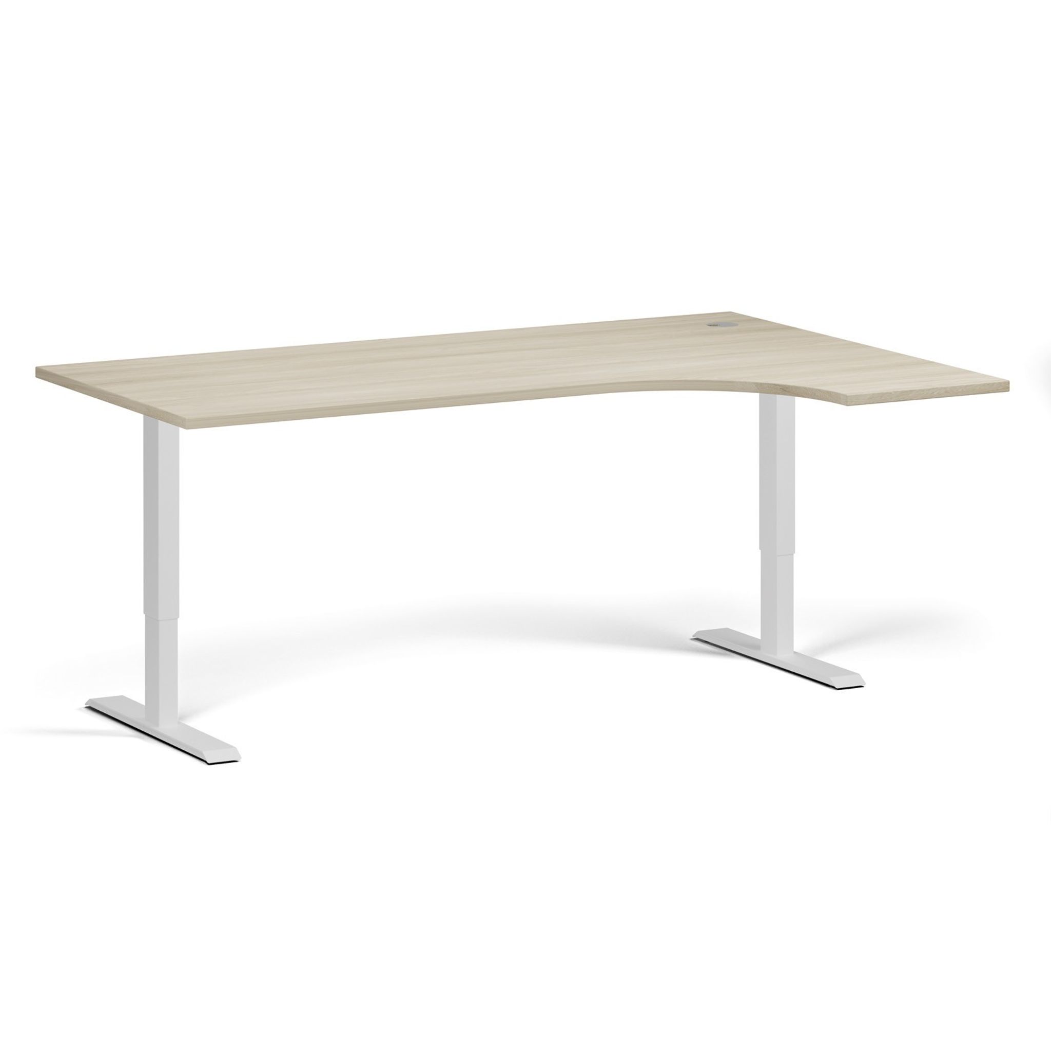 Rohový výškově nastavitelný stůl, 180x120 cm, 1 motor, L/P, bílá podnož, dub přírodní