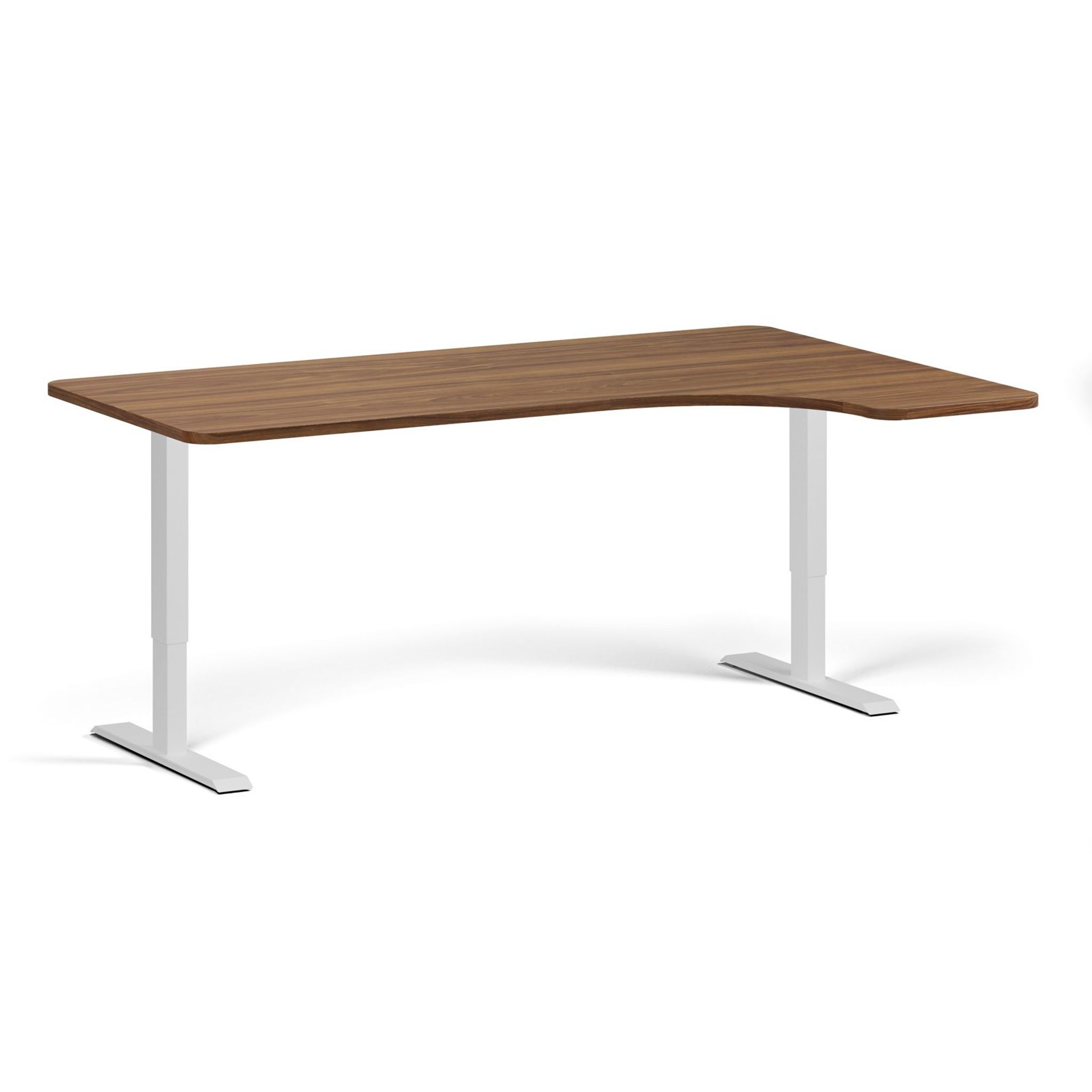 Rohový výškově nastavitelný stůl, 180x120 cm, 1 motor, L/P, bílá podnož, ořech