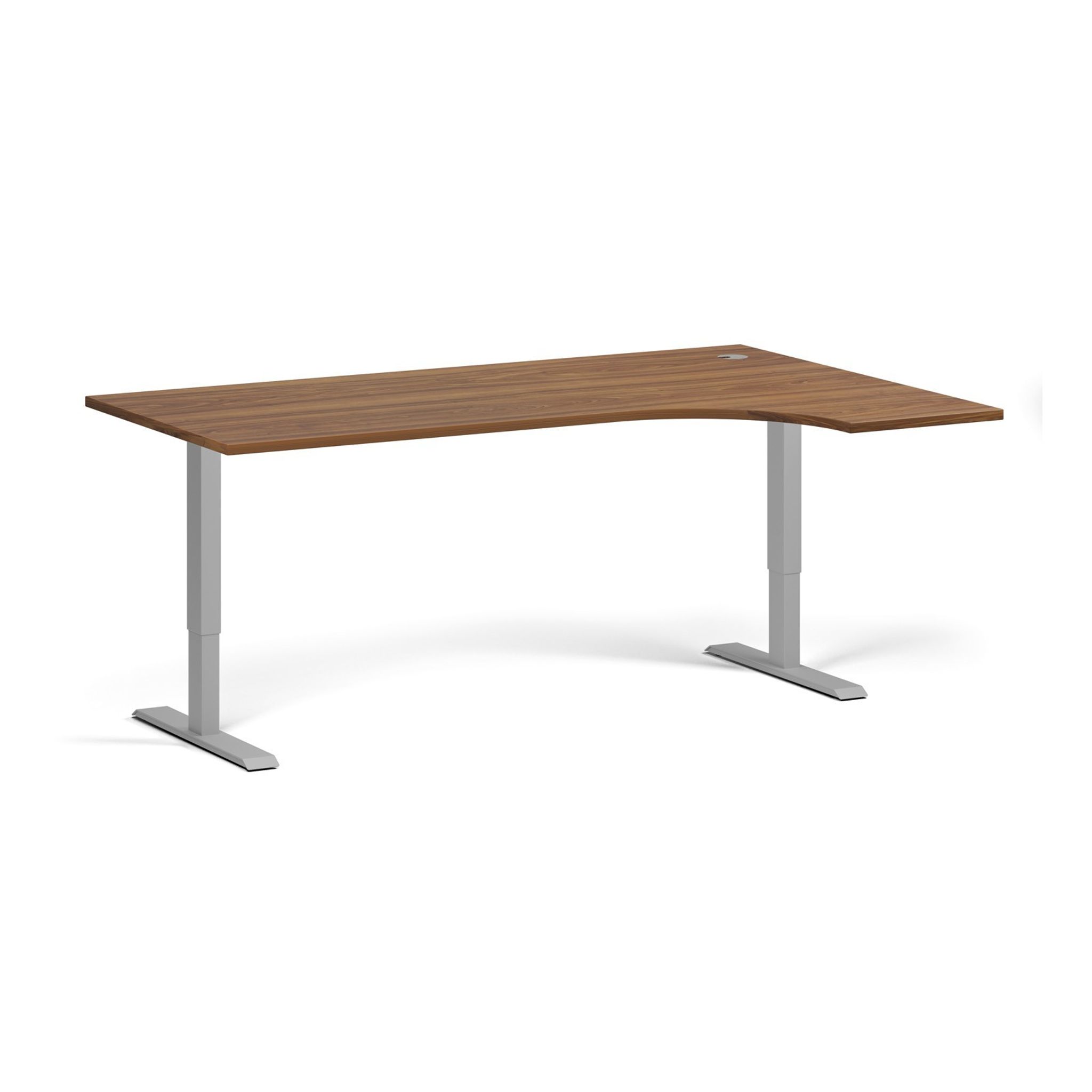 Rohový výškově nastavitelný stůl, 180x120 cm, 1 motor, L/P, šedá podnož, ořech