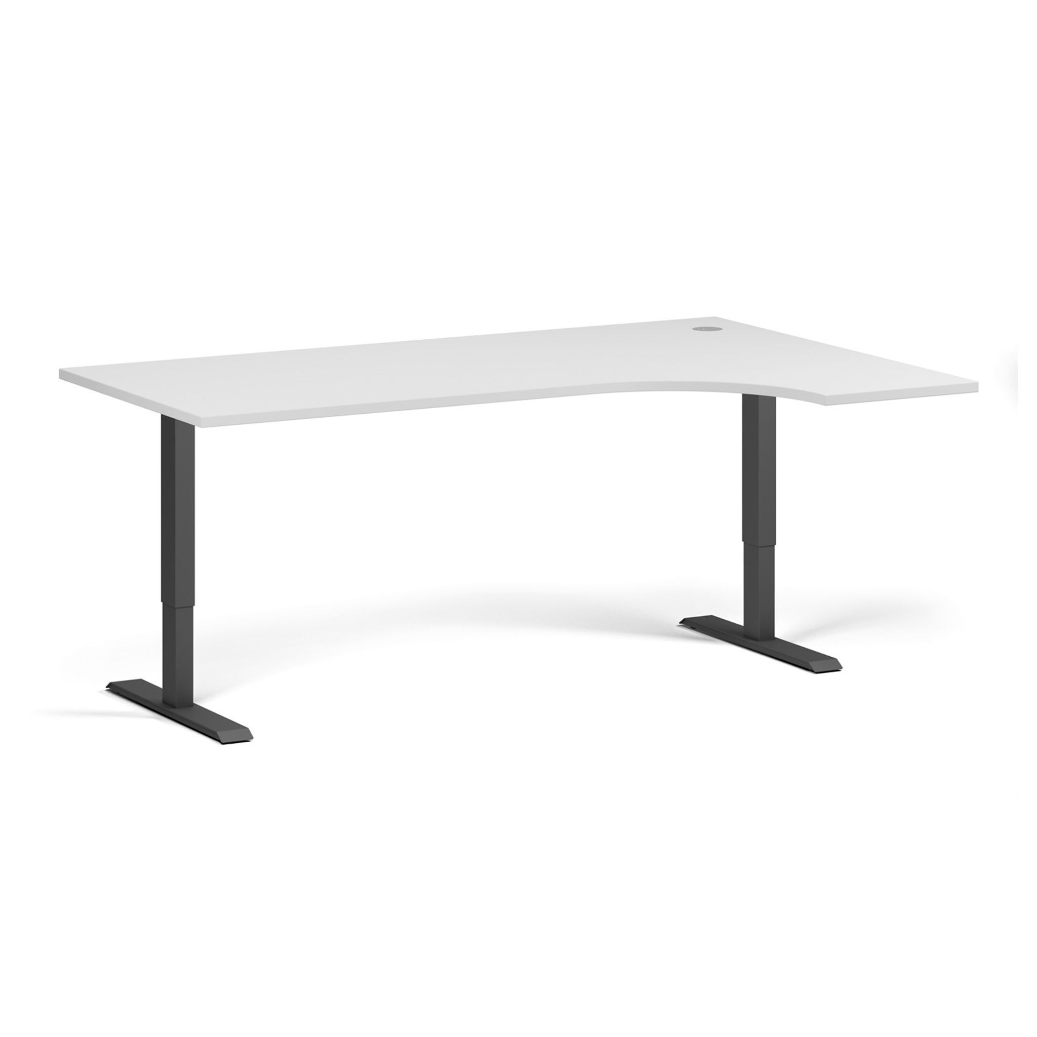 Rohový výškově nastavitelný stůl, 180x120 cm, 2 motory, L/P, černá podnož, bílá