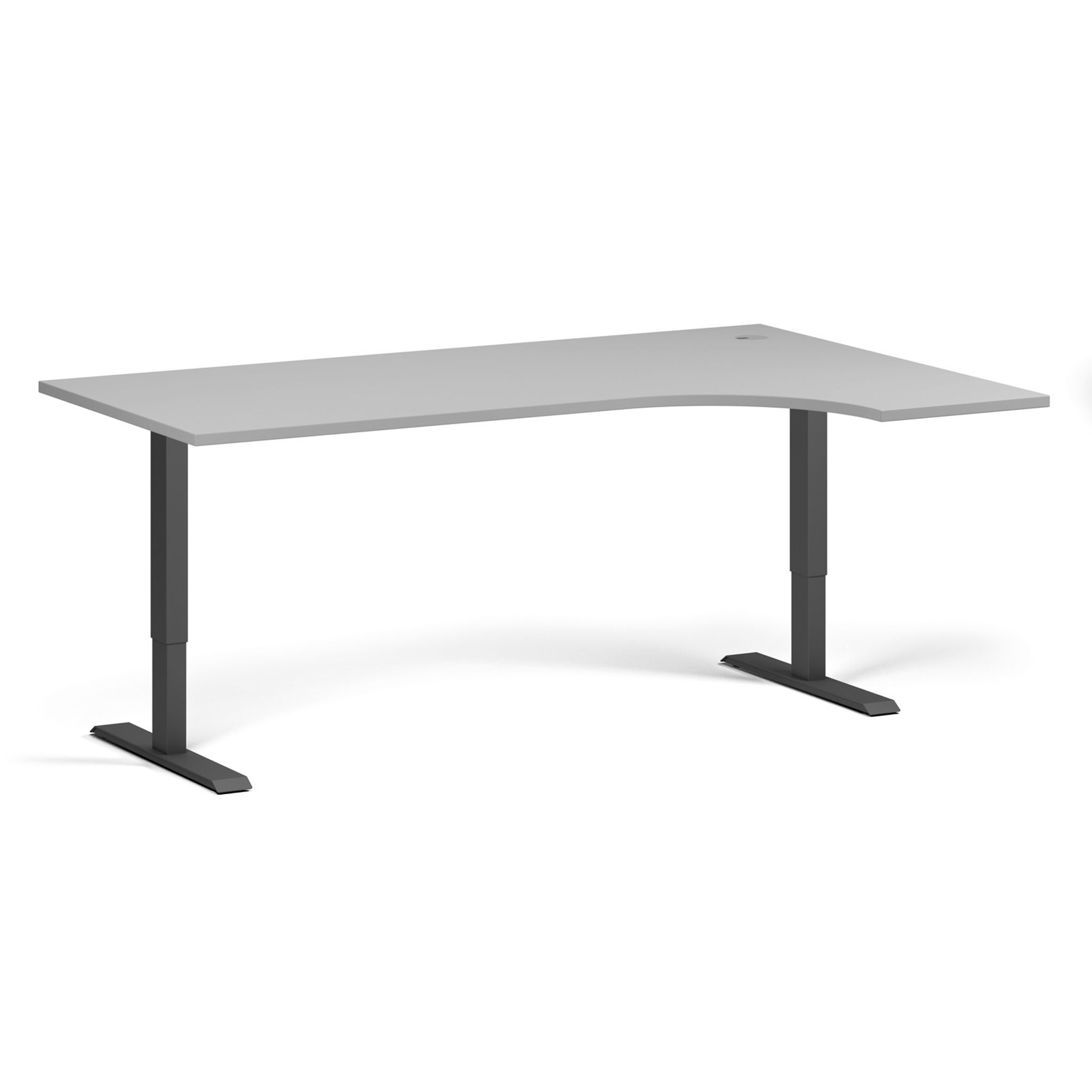 Rohový výškově nastavitelný stůl, 180x120 cm, 2 motory, L/P, černá podnož, šedá