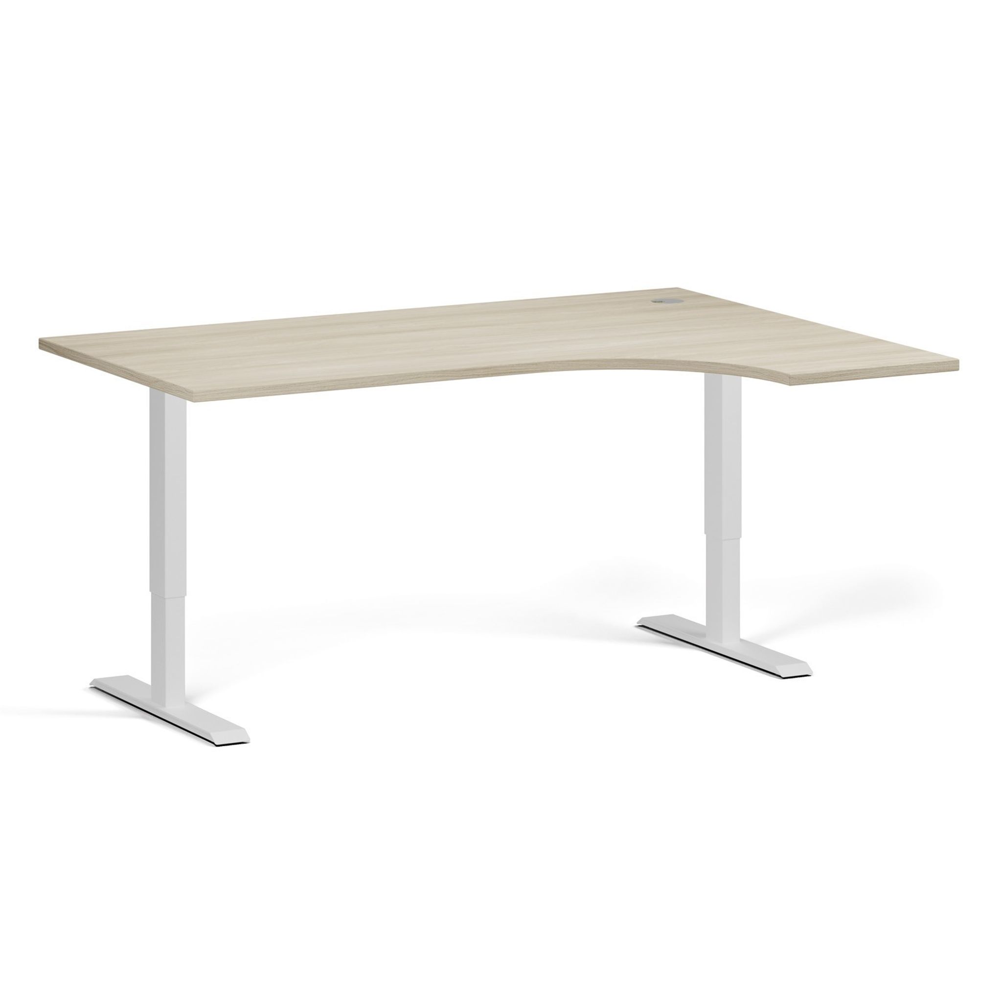 Rohový výškovo nastaviteľný stôl, 160x120 cm, 1 motor, L/P, biela podnož, dub prírodný