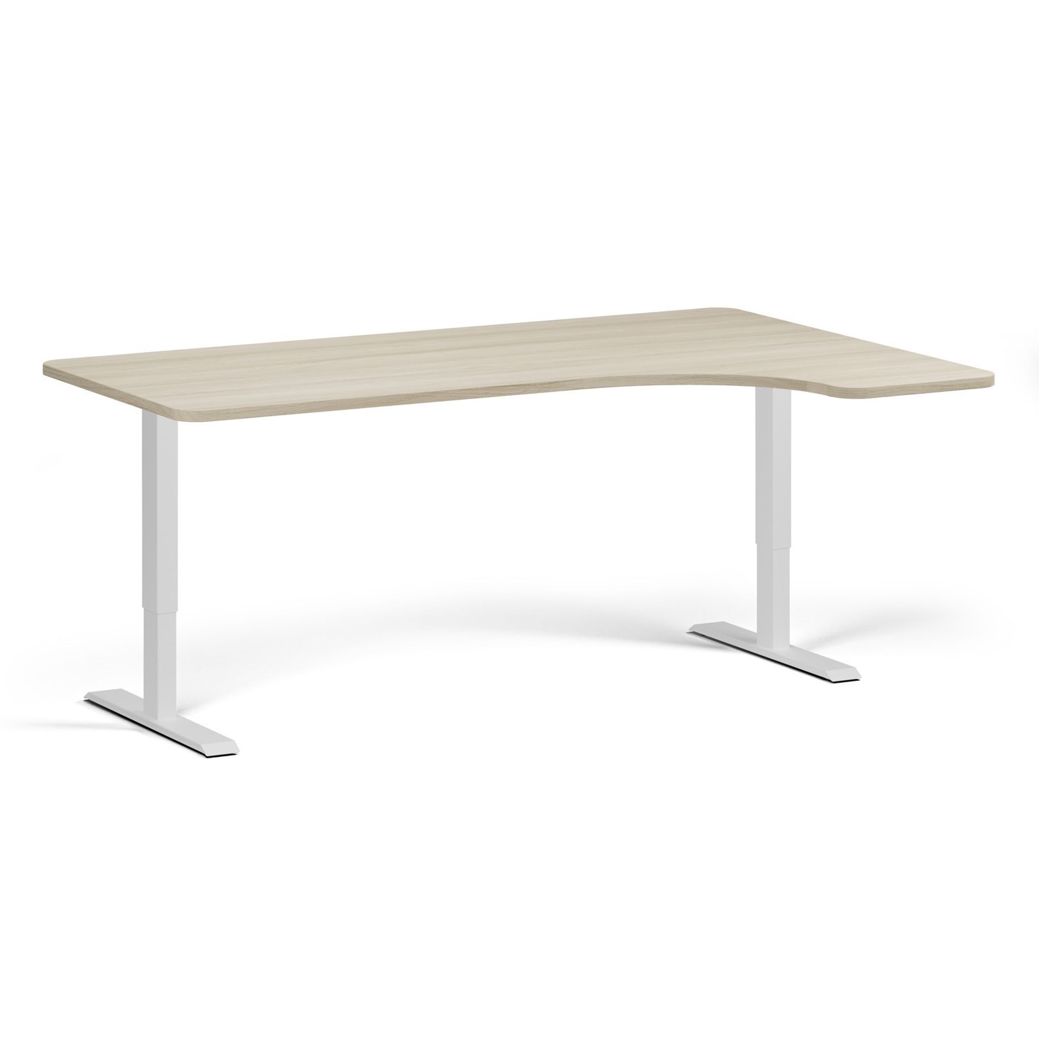 Rohový výškovo nastaviteľný stôl, 180x120 cm, 1 motor, L/P, biela podnož, dub prírodný