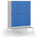 Šatní skříňka s lavičkou, 2 oddíly, 1875 x 600 x 500/800 mm, demont, RFID zámek, modré dveře